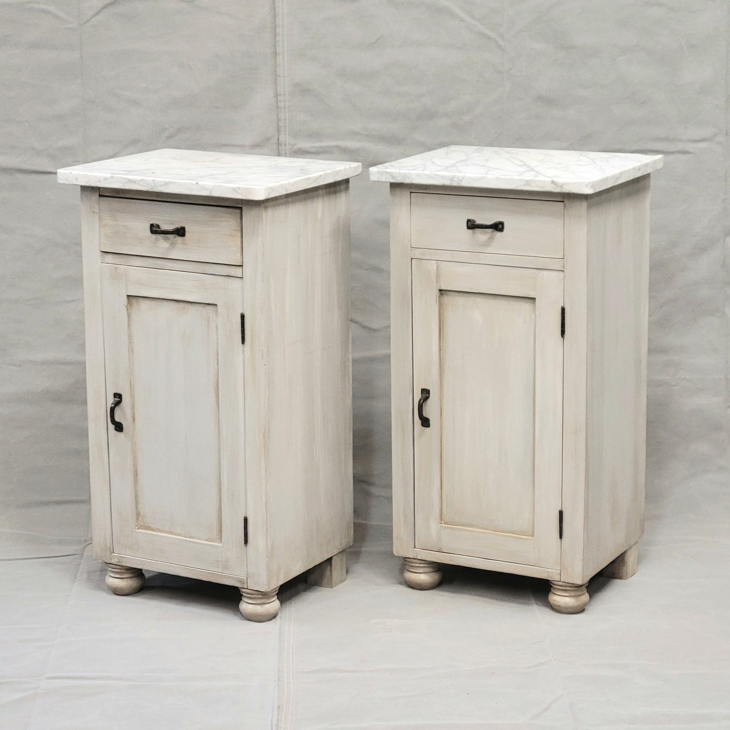 Pair of Vintage Painted Pine Nightstands With Carrera Marble Tops