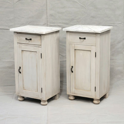 Pair of Vintage Painted Pine Nightstands With Carrera Marble Tops