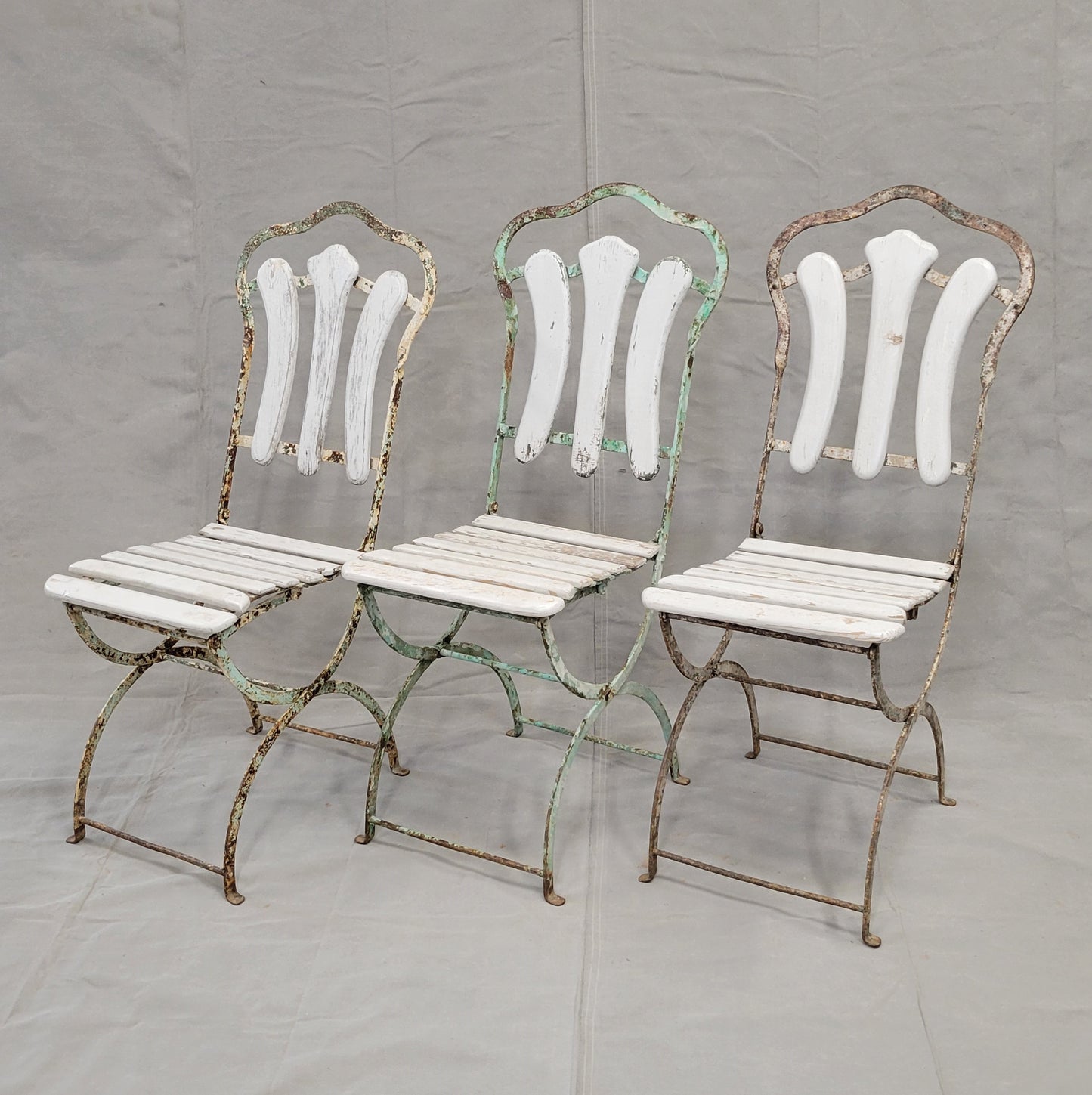 Antique French Iron and Wood Folding Bistro Garden Chairs - Set of 3