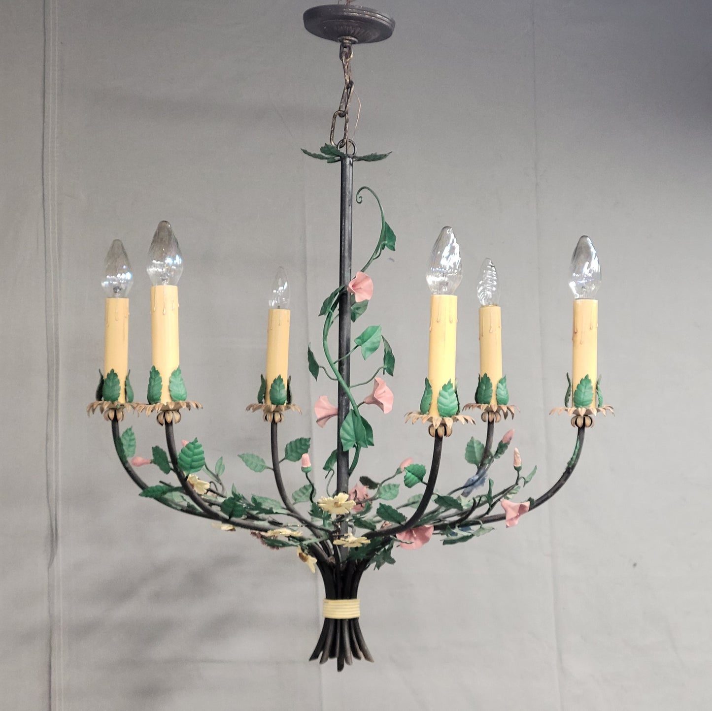 Vintage Italian Tole 6 Arm Floral Chandelier