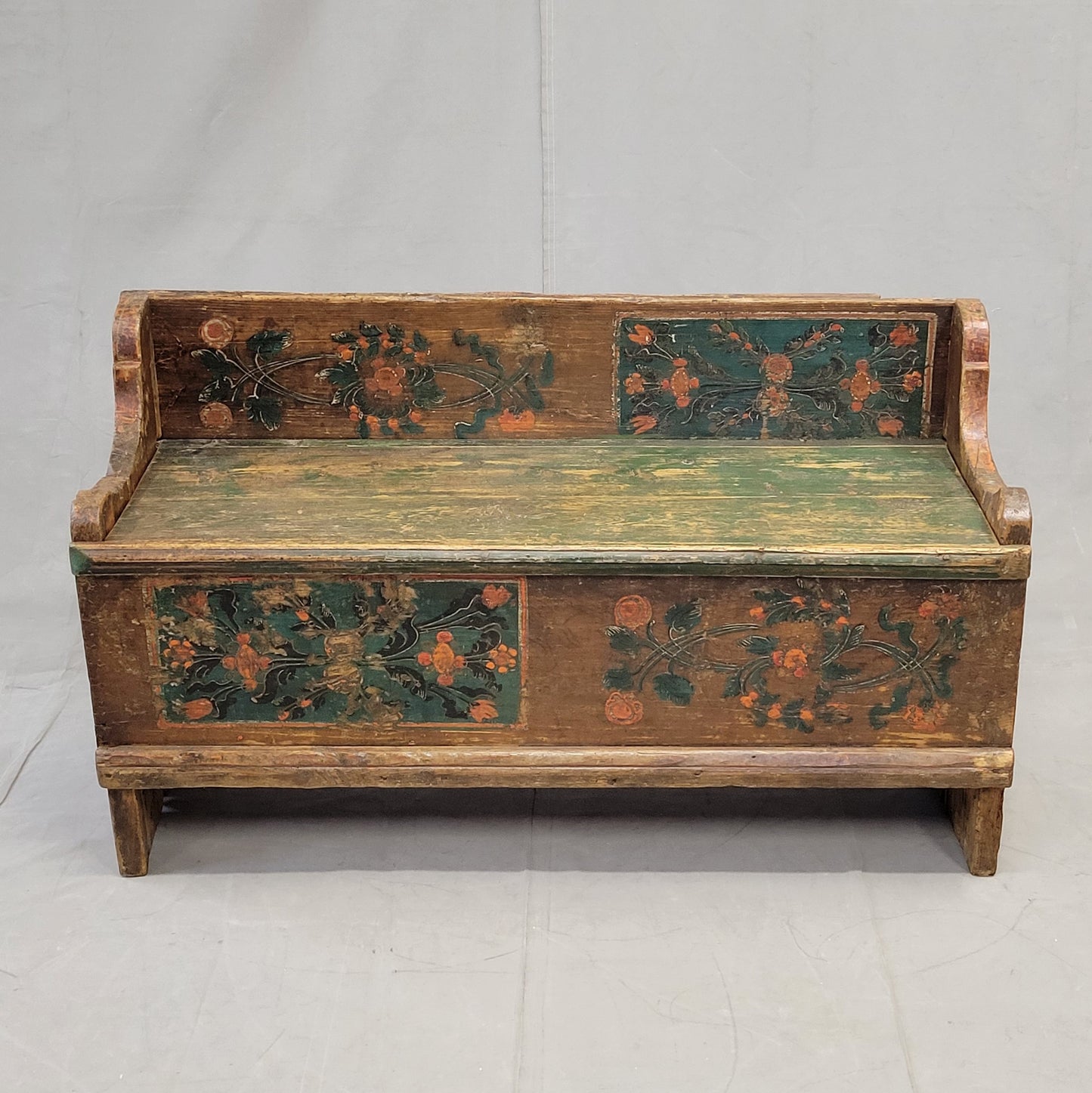 Antique Late 1800s Romanian Painted Pine Storage Bench