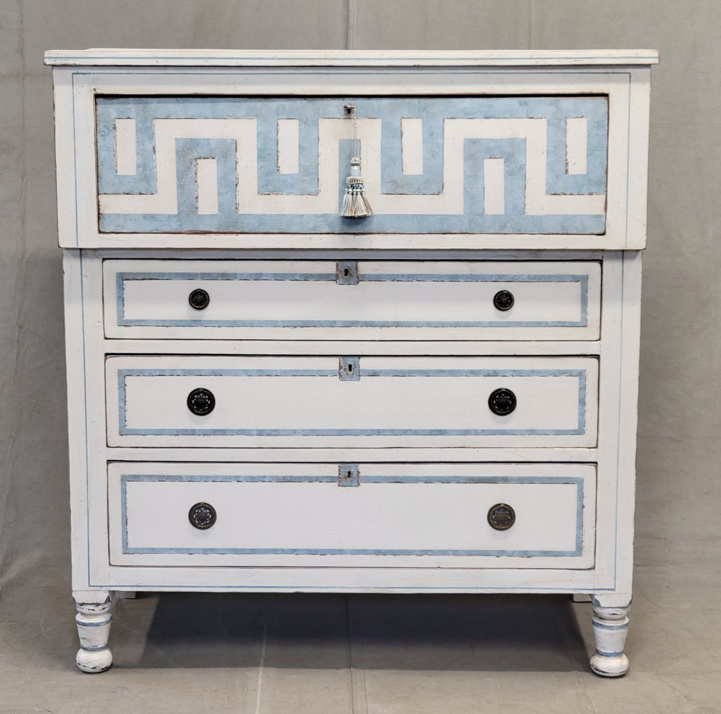 Antique English Painted Dresser Chest of Drawers With Greek Key Motif