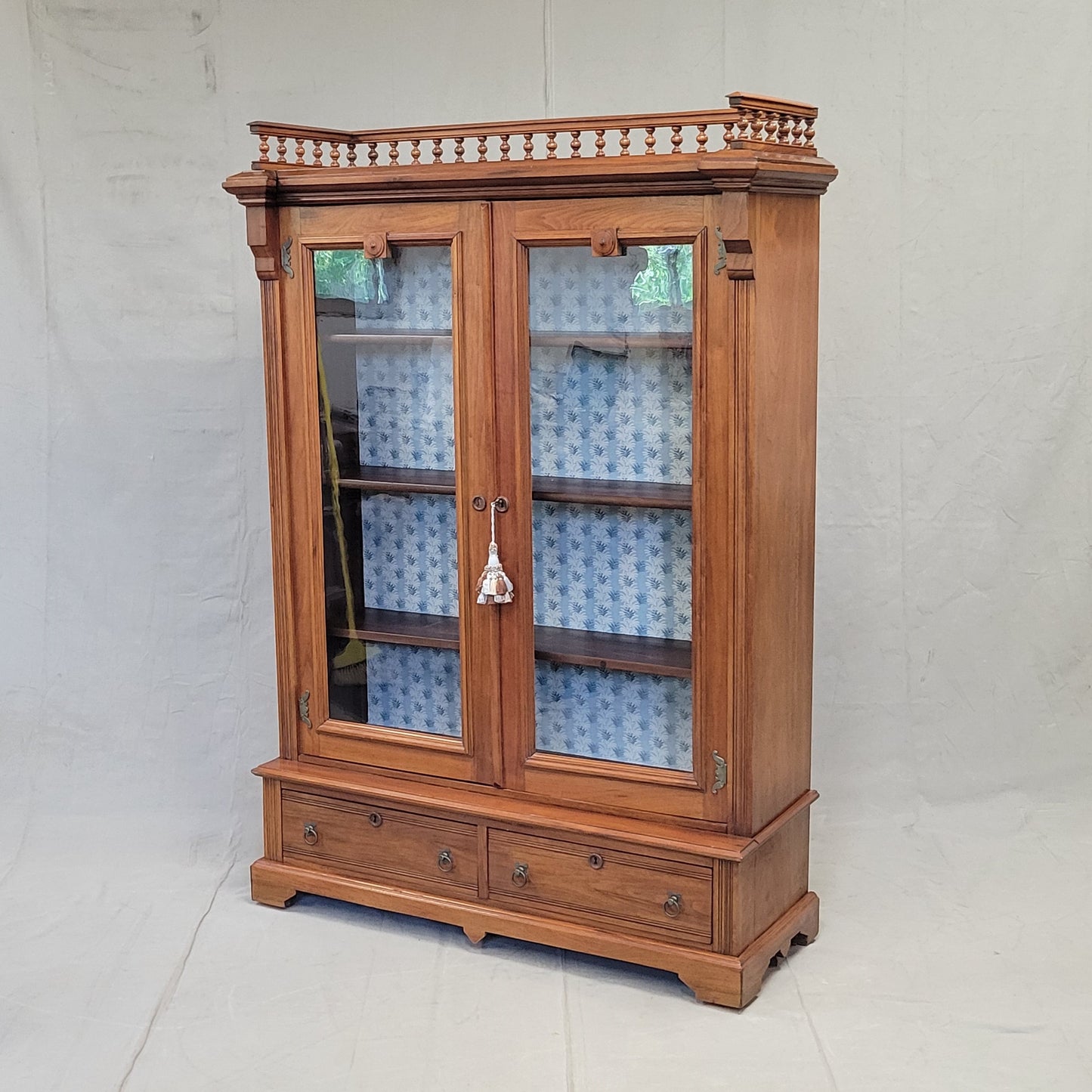 Antique Walnut Glass Door Bookcase With Blue Interior