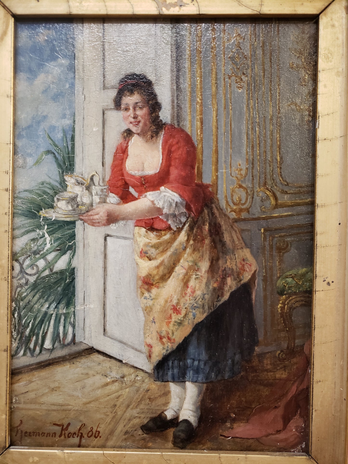 Late 19th Century Hermann Koch, "Woman With Tray" Figurative Oil Painting, Framed