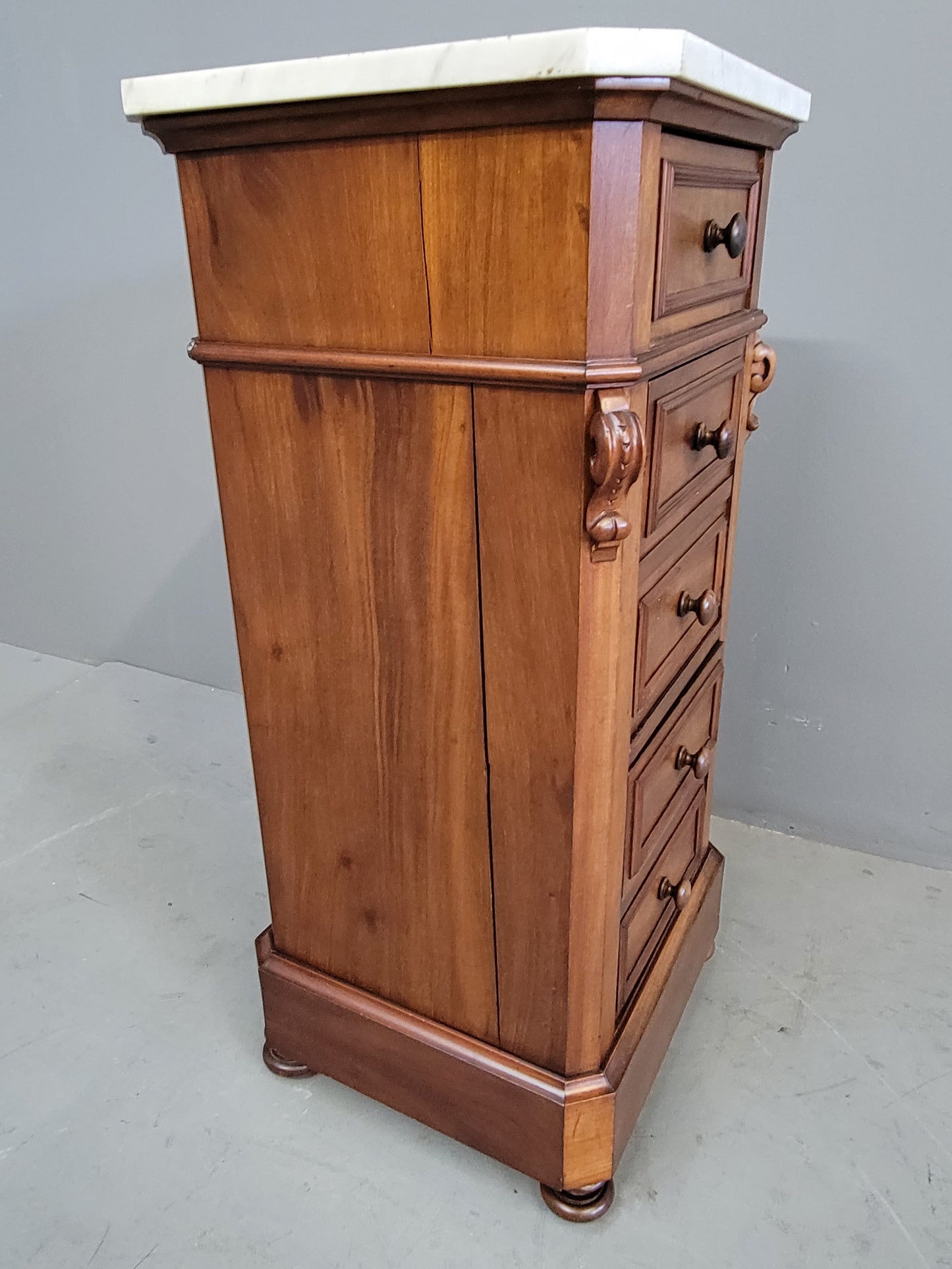 Antique 1860s English Mahogany and Carrera Marble Nightstand/Pot Cupboard With Drawers