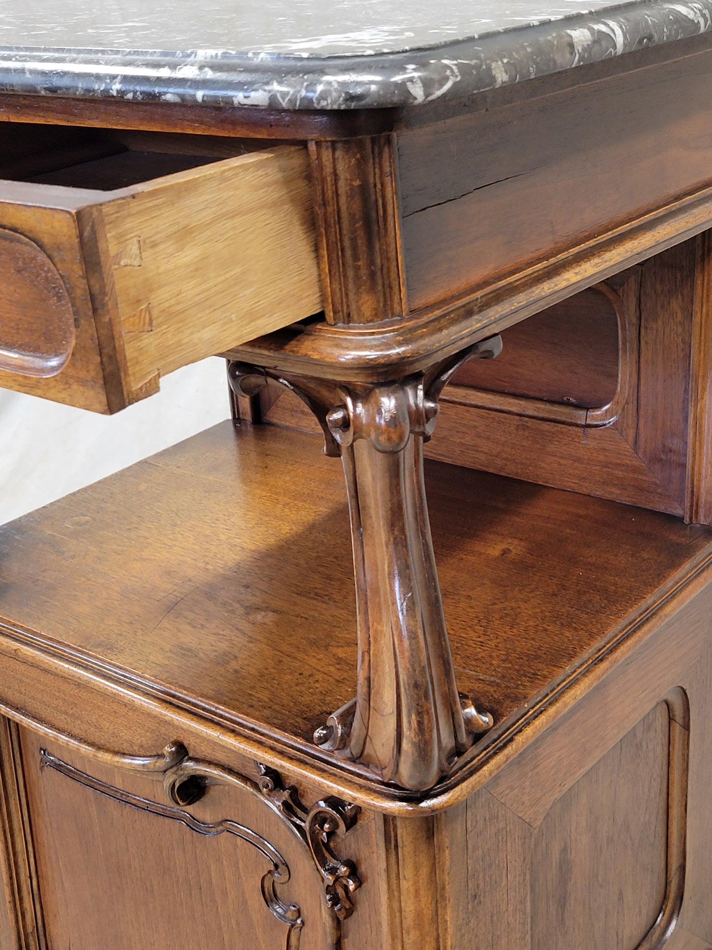 Antique Austrian Walnut and Black Marble Top Nightstands - a Pair