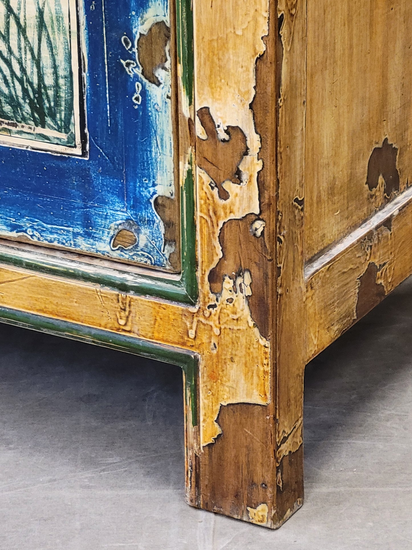 Vintage Chinese Distressed Lacquer Storage Cabinet Console With Floral Motif