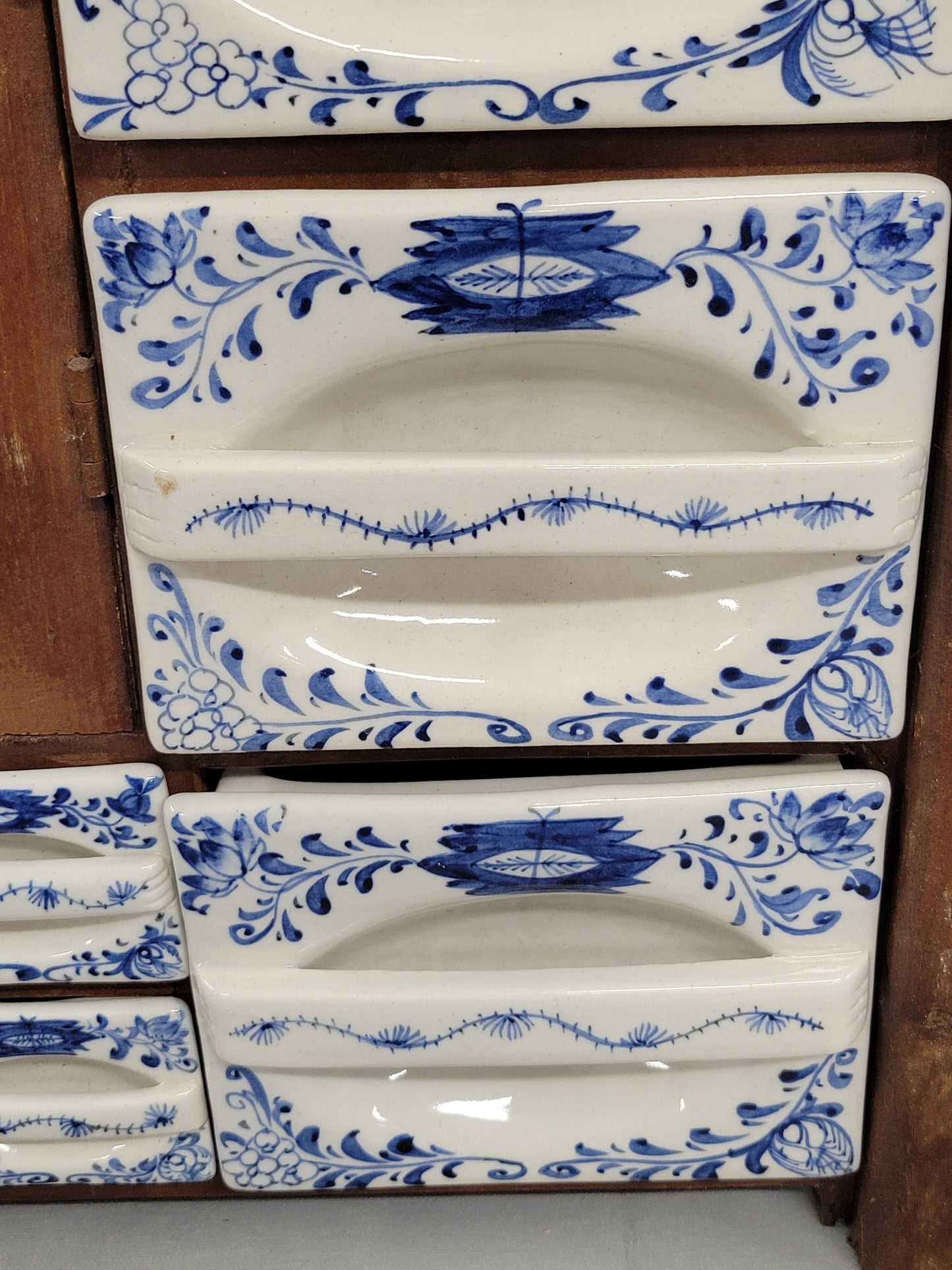 Vintage Dutch Spice Cabinet With 'Blue Onion' Ceramic Inserts