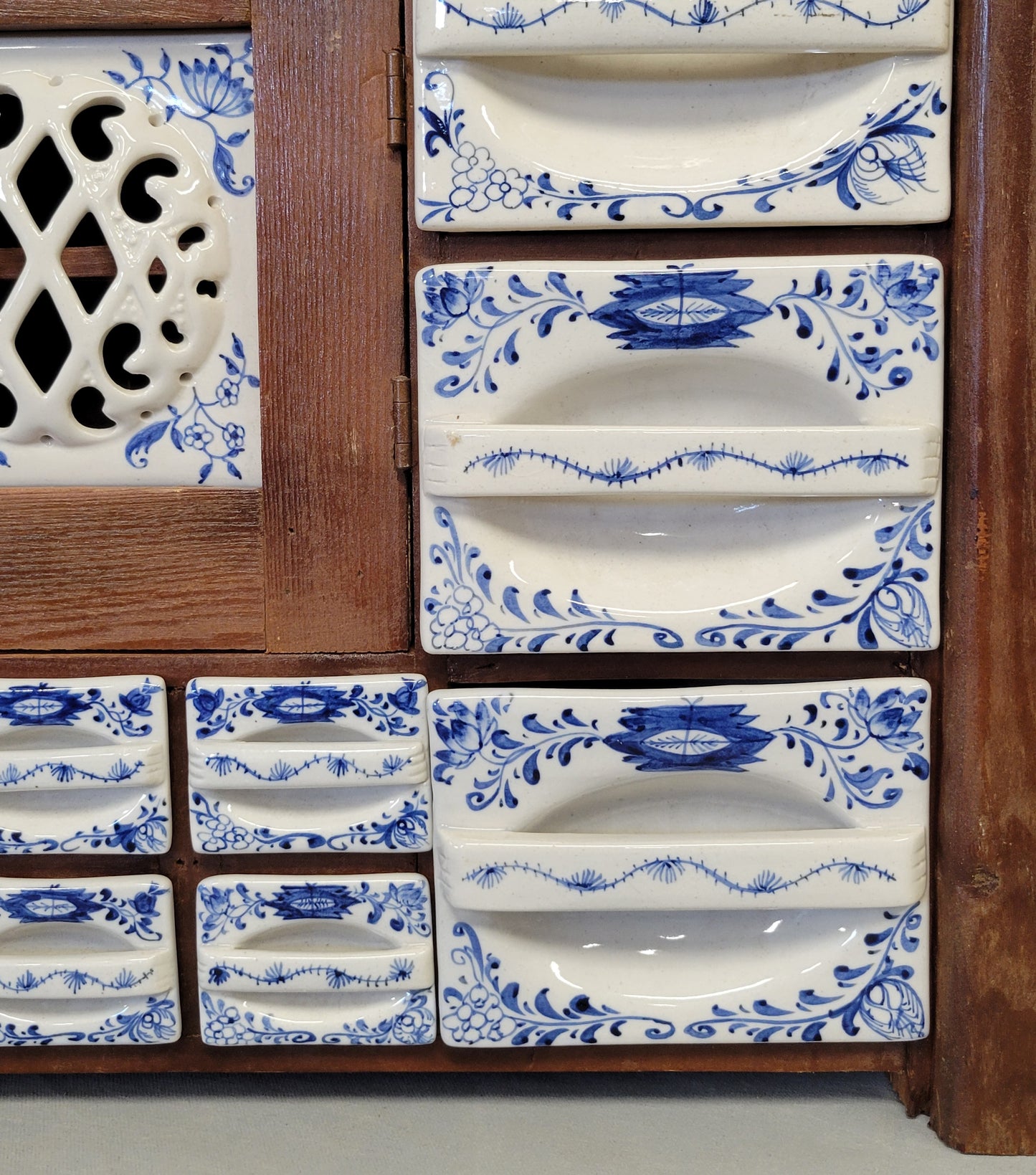 Vintage Dutch Spice Cabinet With 'Blue Onion' Ceramic Inserts