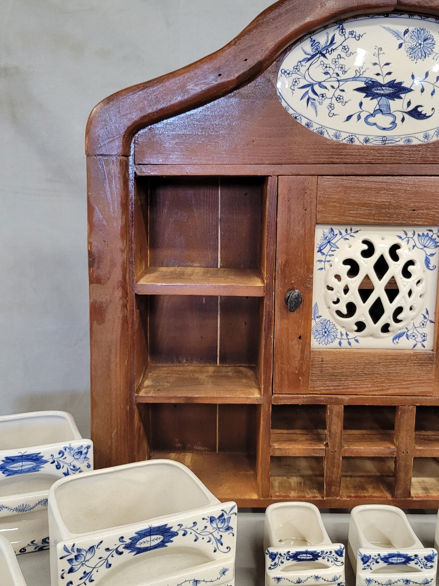 Vintage Dutch Spice Cabinet With 'Blue Onion' Ceramic Inserts