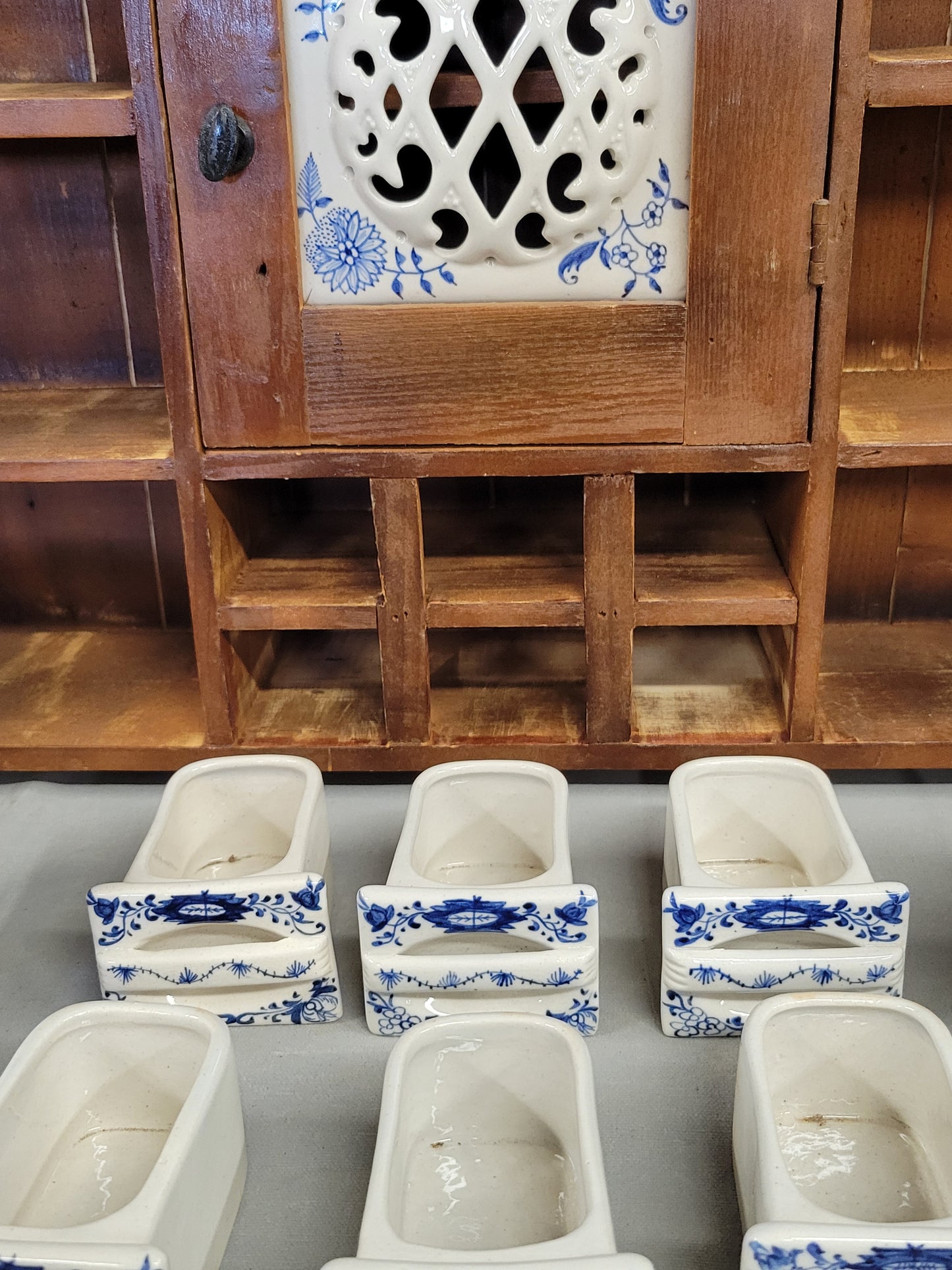 Vintage Dutch Spice Cabinet With 'Blue Onion' Ceramic Inserts