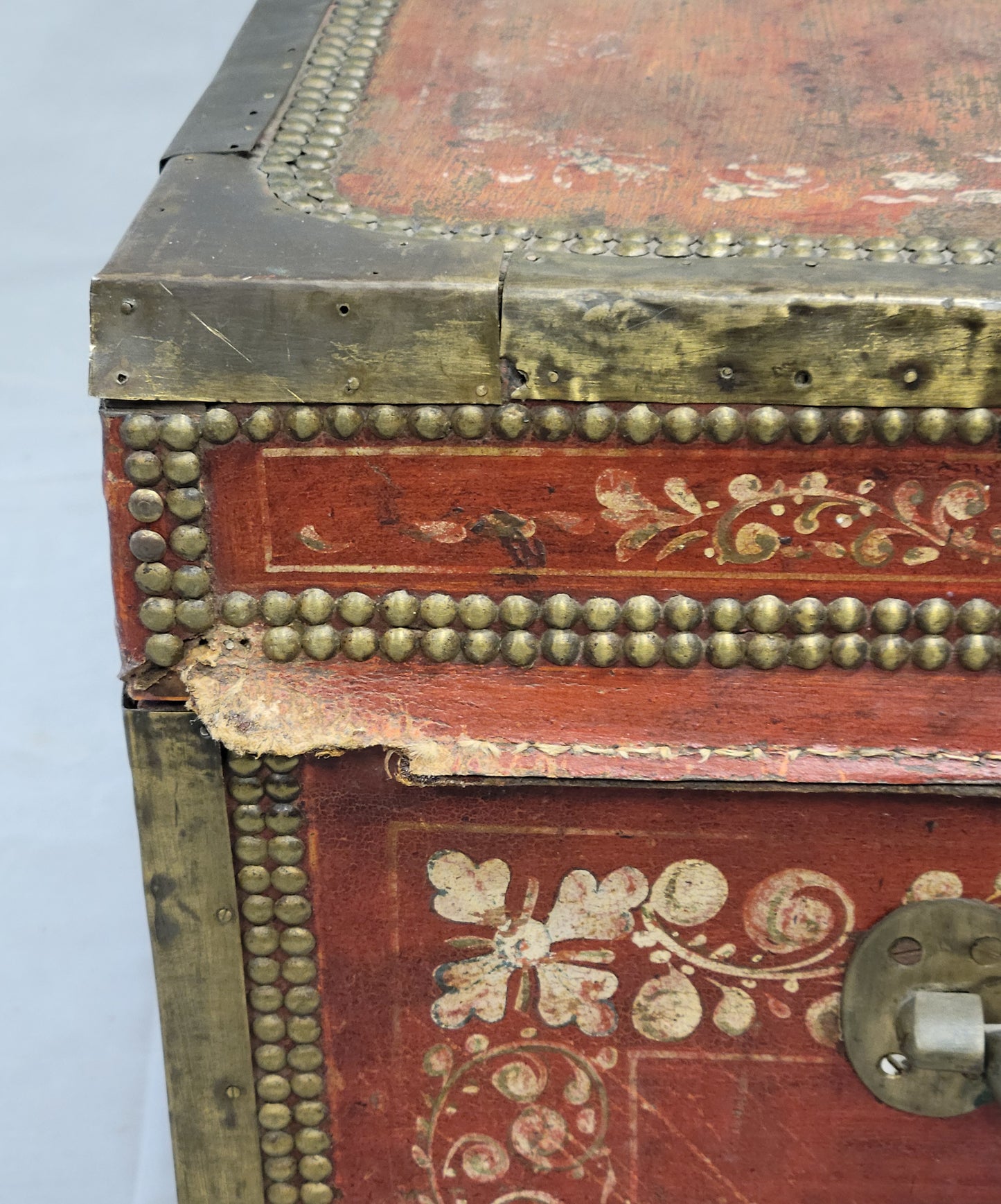 Antique Red Leather, Brass and Camphor Wood Chinese Export Trunk