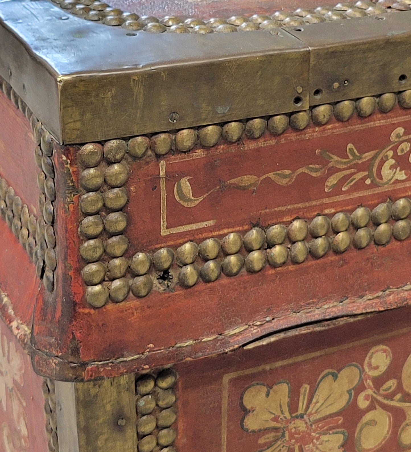 Antique Red Leather, Brass and Camphor Wood Chinese Export Trunk