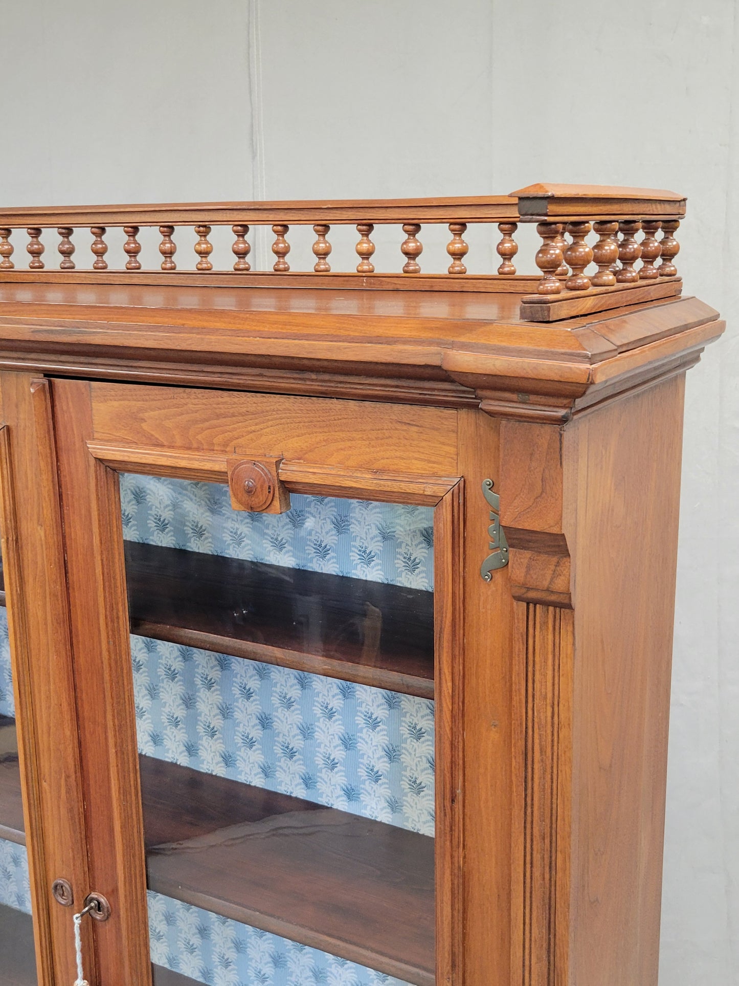 Antique Walnut Glass Door Bookcase With Blue Interior