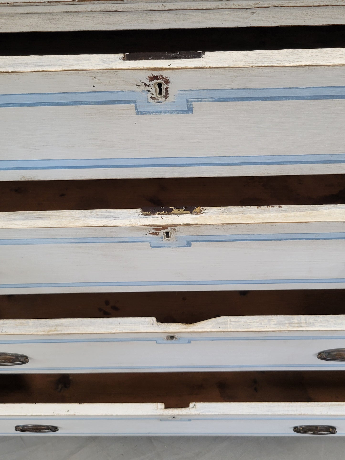 Antique English Walnut Dresser Painted White With Blue French Line Motif