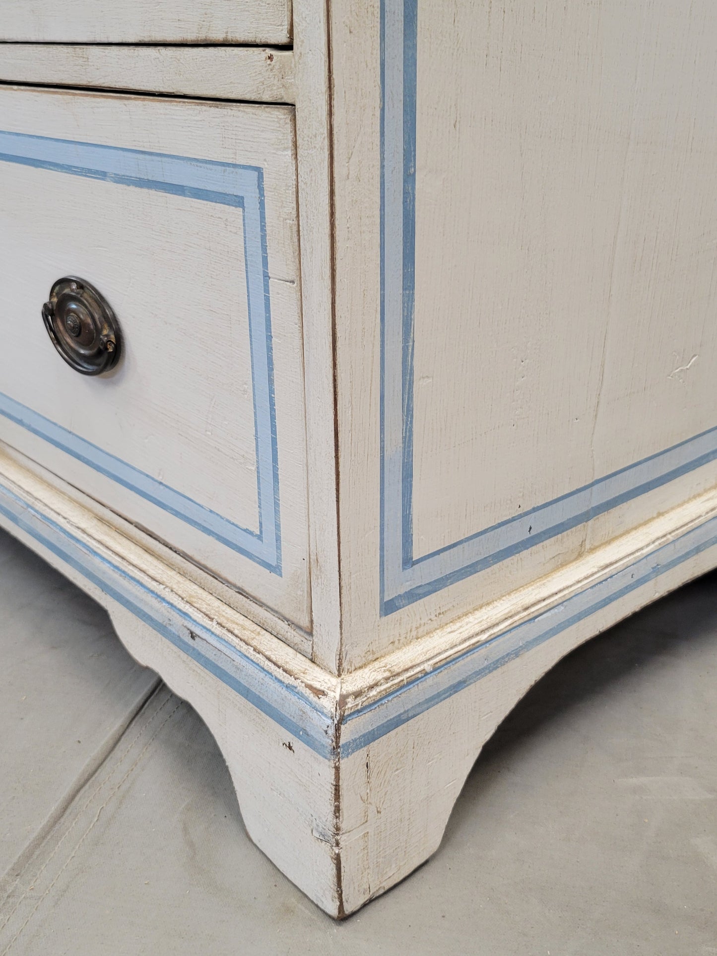 Antique English Walnut Dresser Painted White With Blue French Line Motif