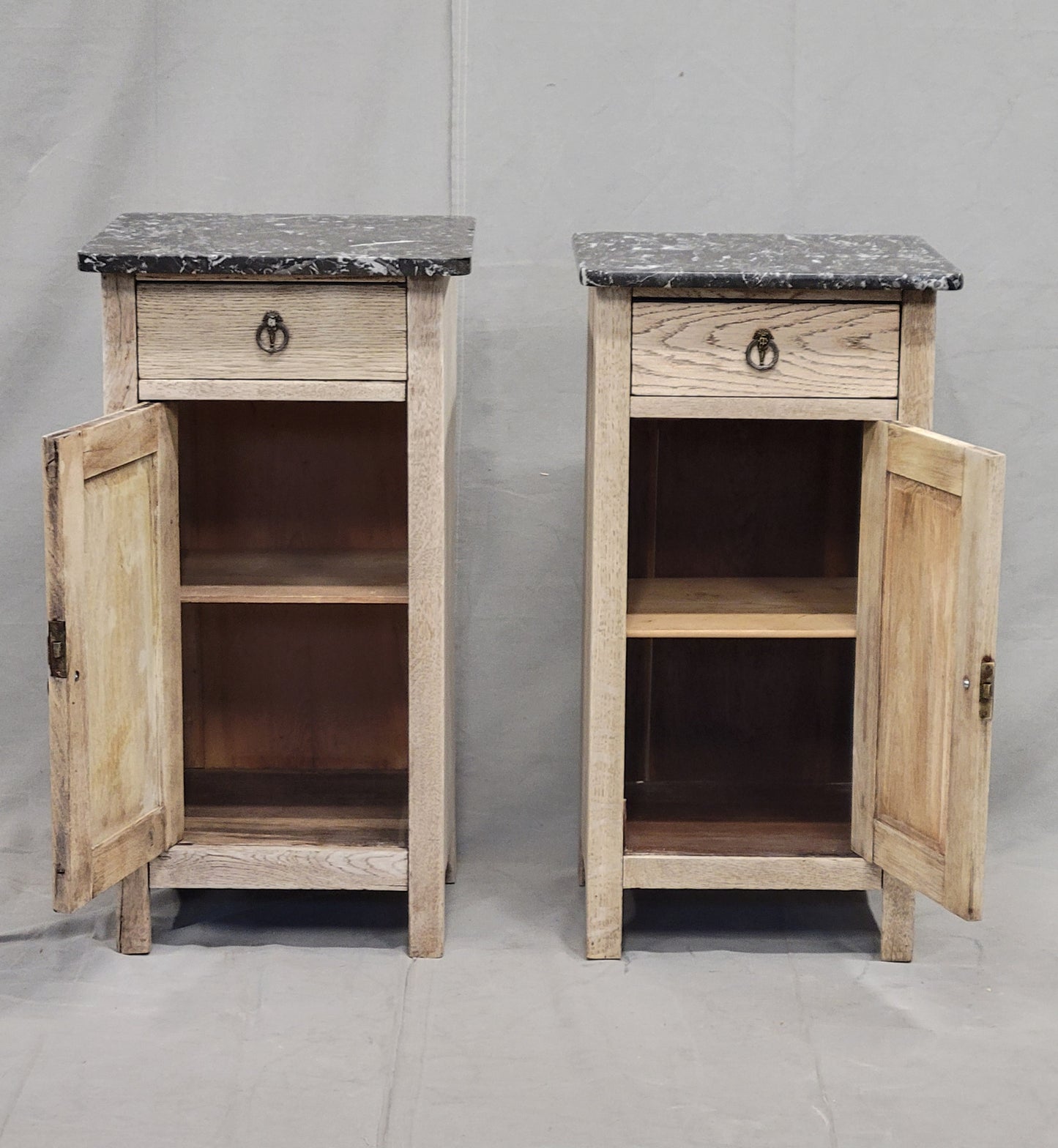 Antique English Bleached Oak Nightstands With Black Marble Tops - a Near Pair
