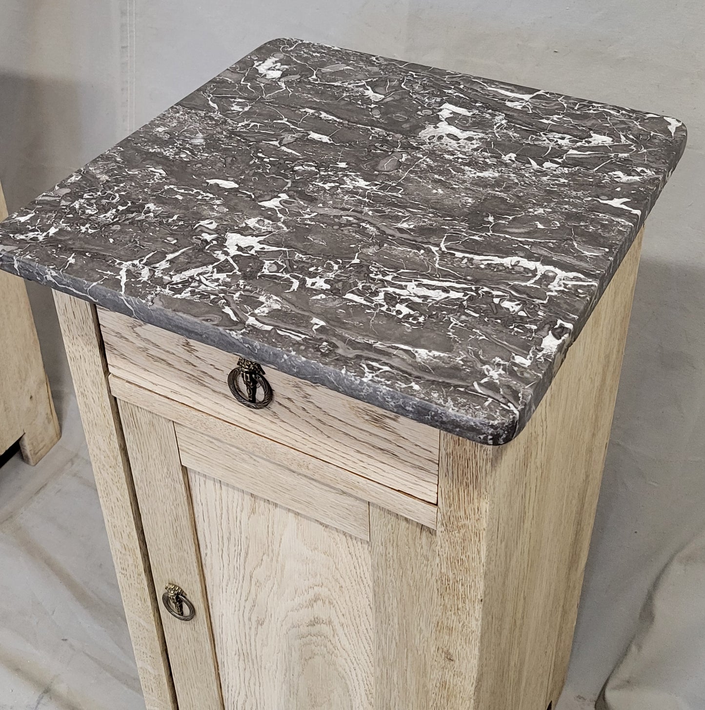 Antique English Bleached Oak Nightstands With Black Marble Tops - a Near Pair