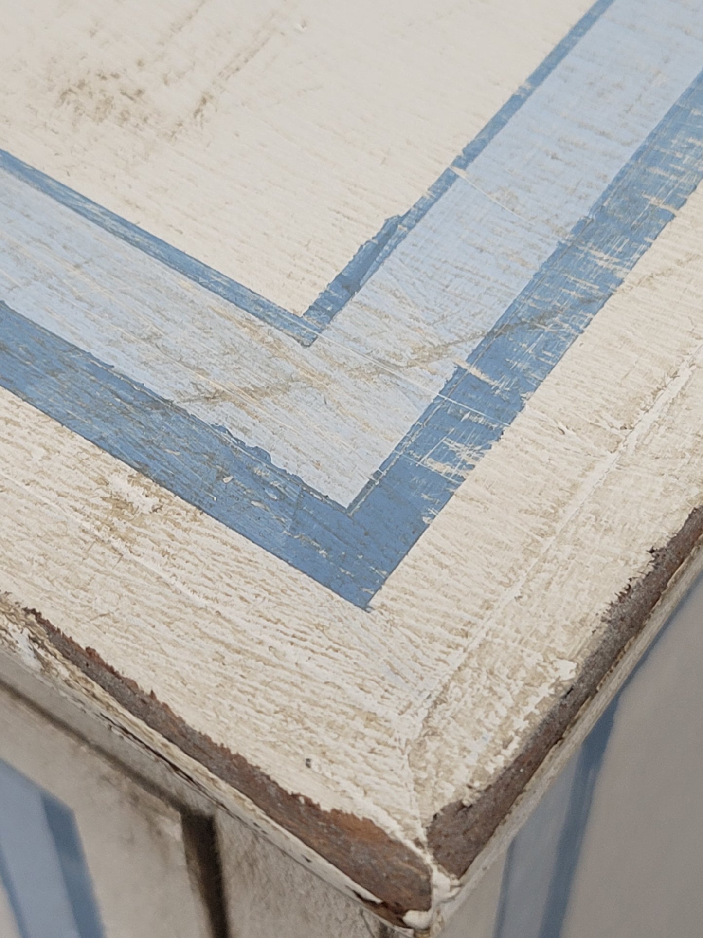 Antique English Walnut Dresser Painted White With Blue French Line Motif