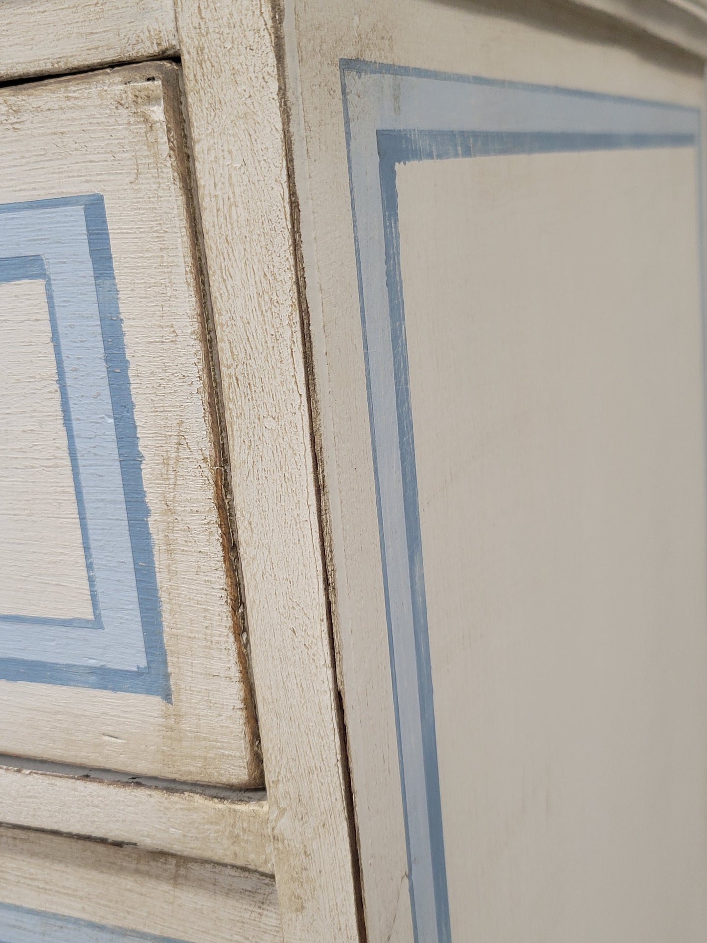 Antique English Walnut Dresser Painted White With Blue French Line Motif