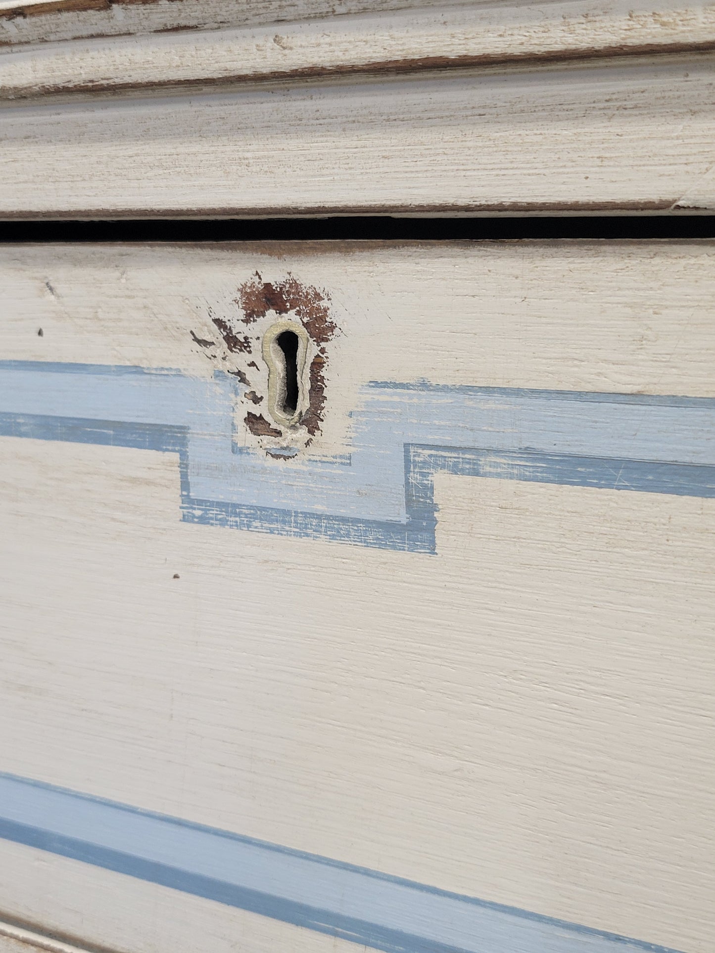 Antique English Walnut Dresser Painted White With Blue French Line Motif