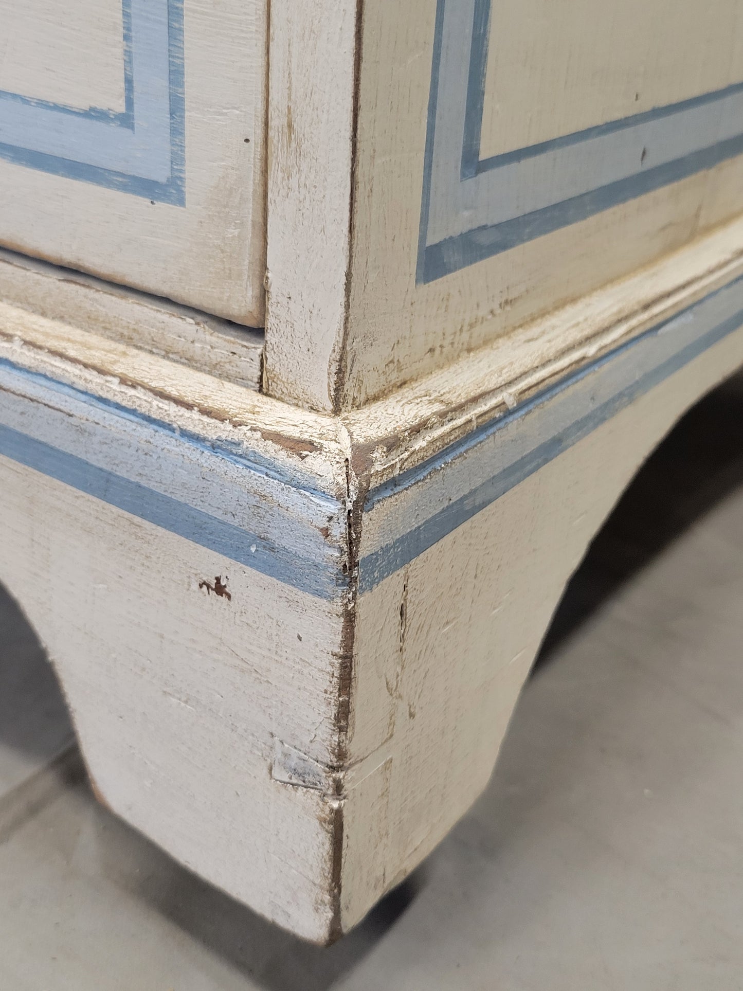 Antique English Walnut Dresser Painted White With Blue French Line Motif