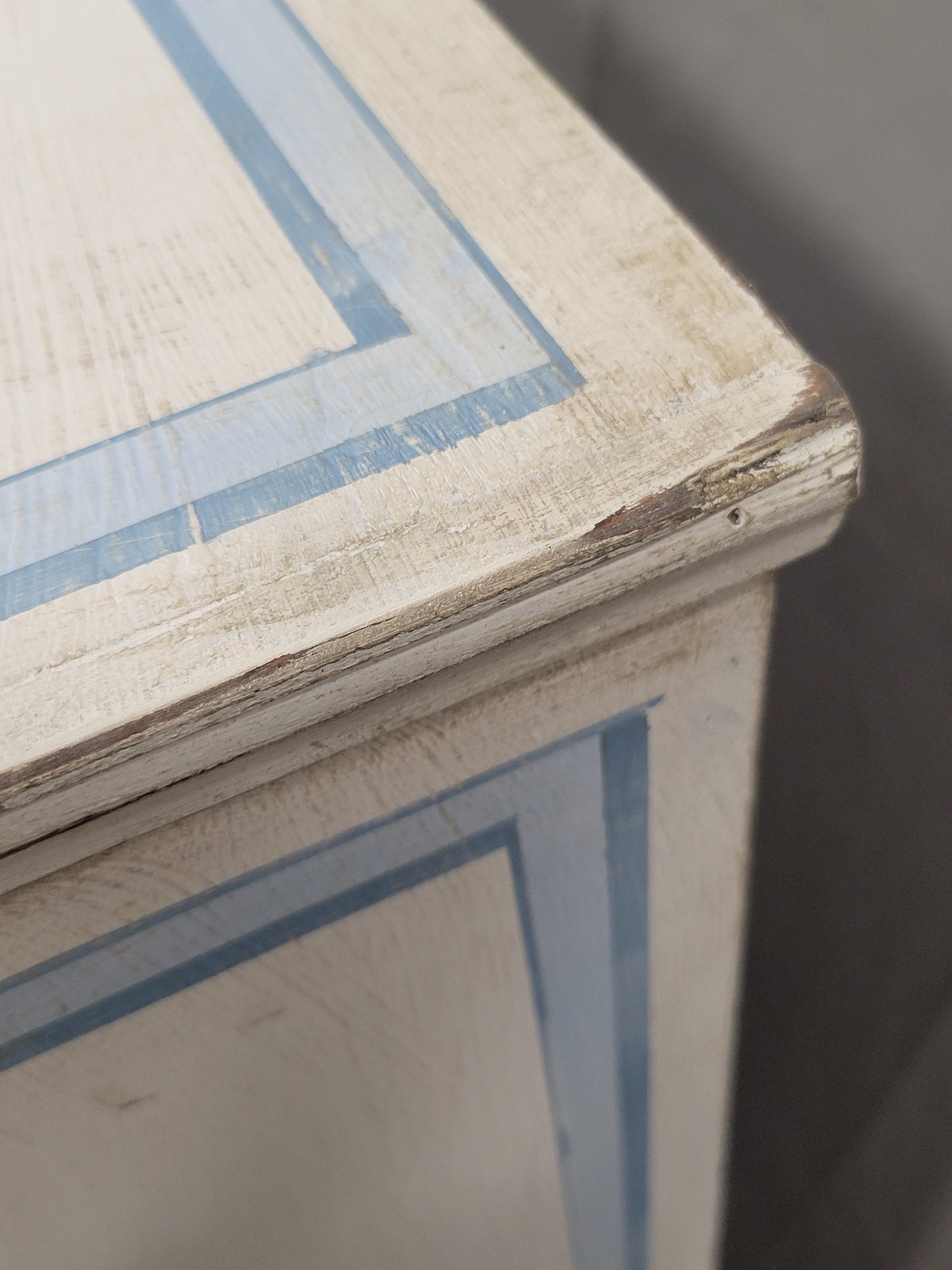 Antique English Walnut Dresser Painted White With Blue French Line Motif