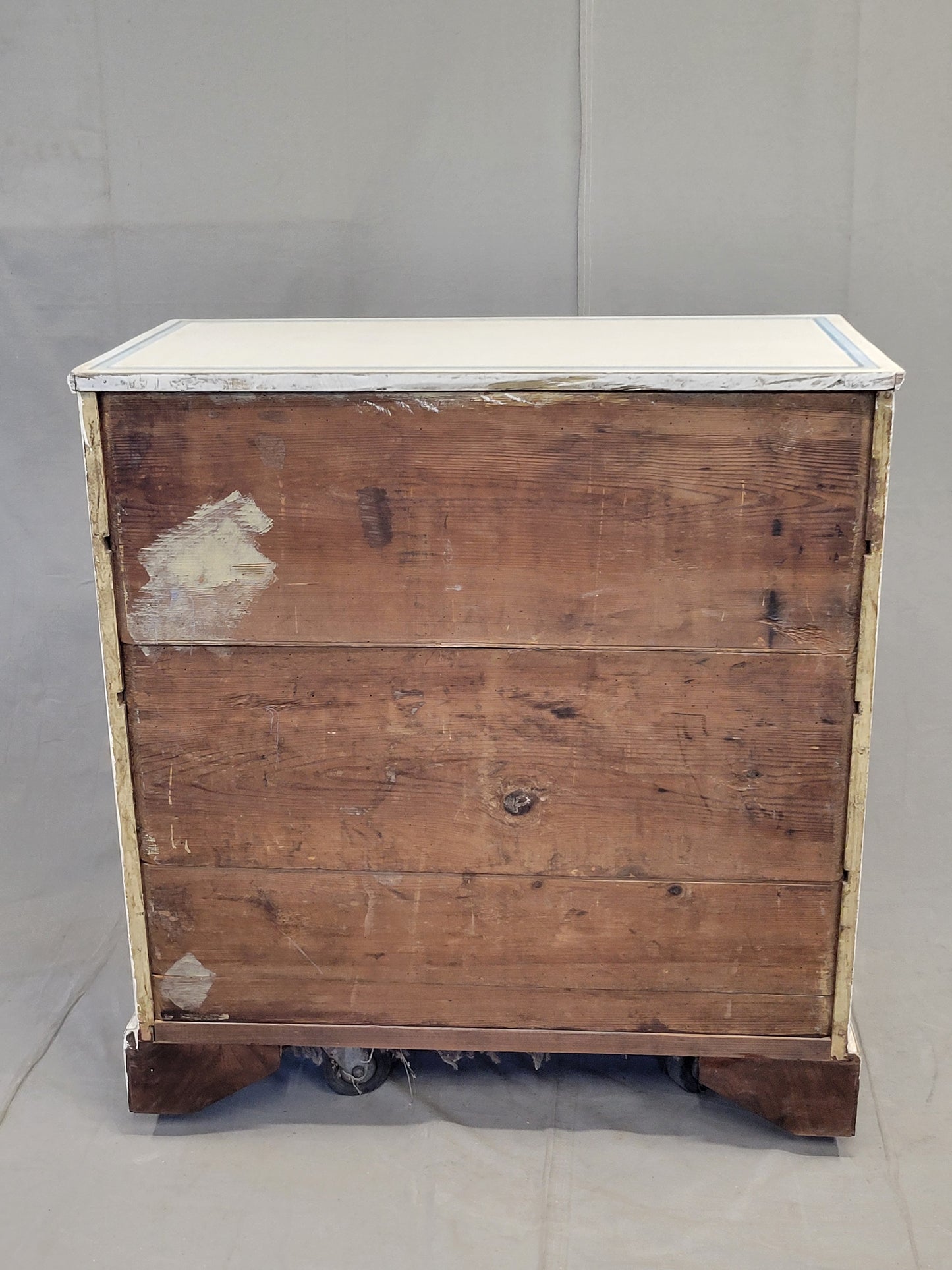 Antique English Walnut Dresser Painted White With Blue French Line Motif