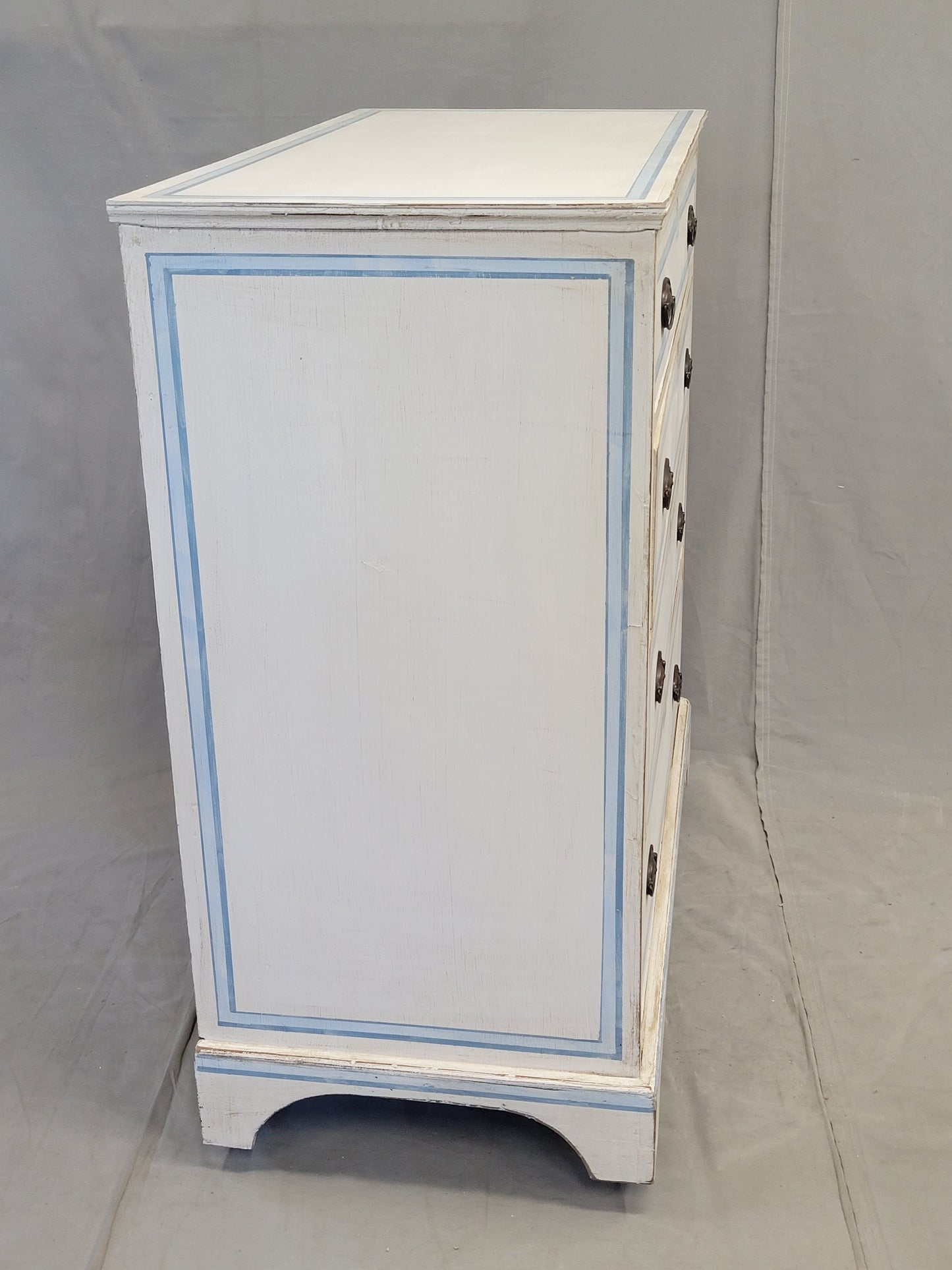 Antique English Walnut Dresser Painted White With Blue French Line Motif