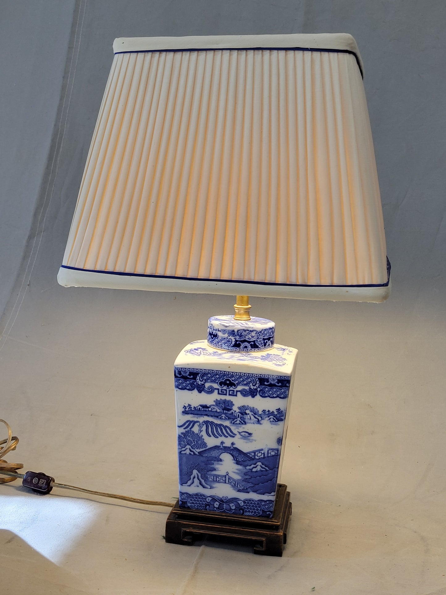 Vintage Blue Willow Lamps With Silk Lampshades - a Pair