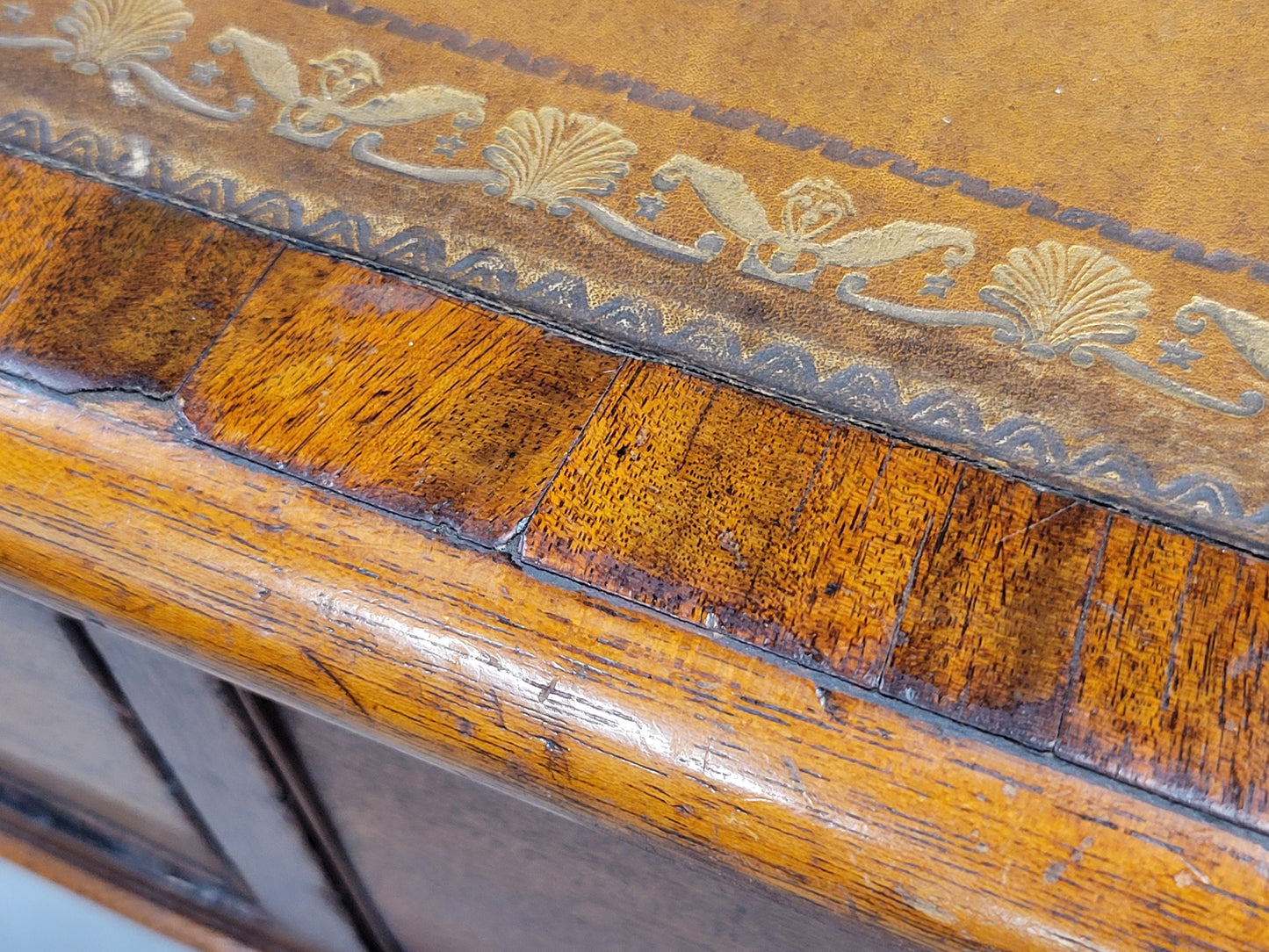 Antique Mid 1800s English Mahogany Partner Desk With Tooled Leather Top