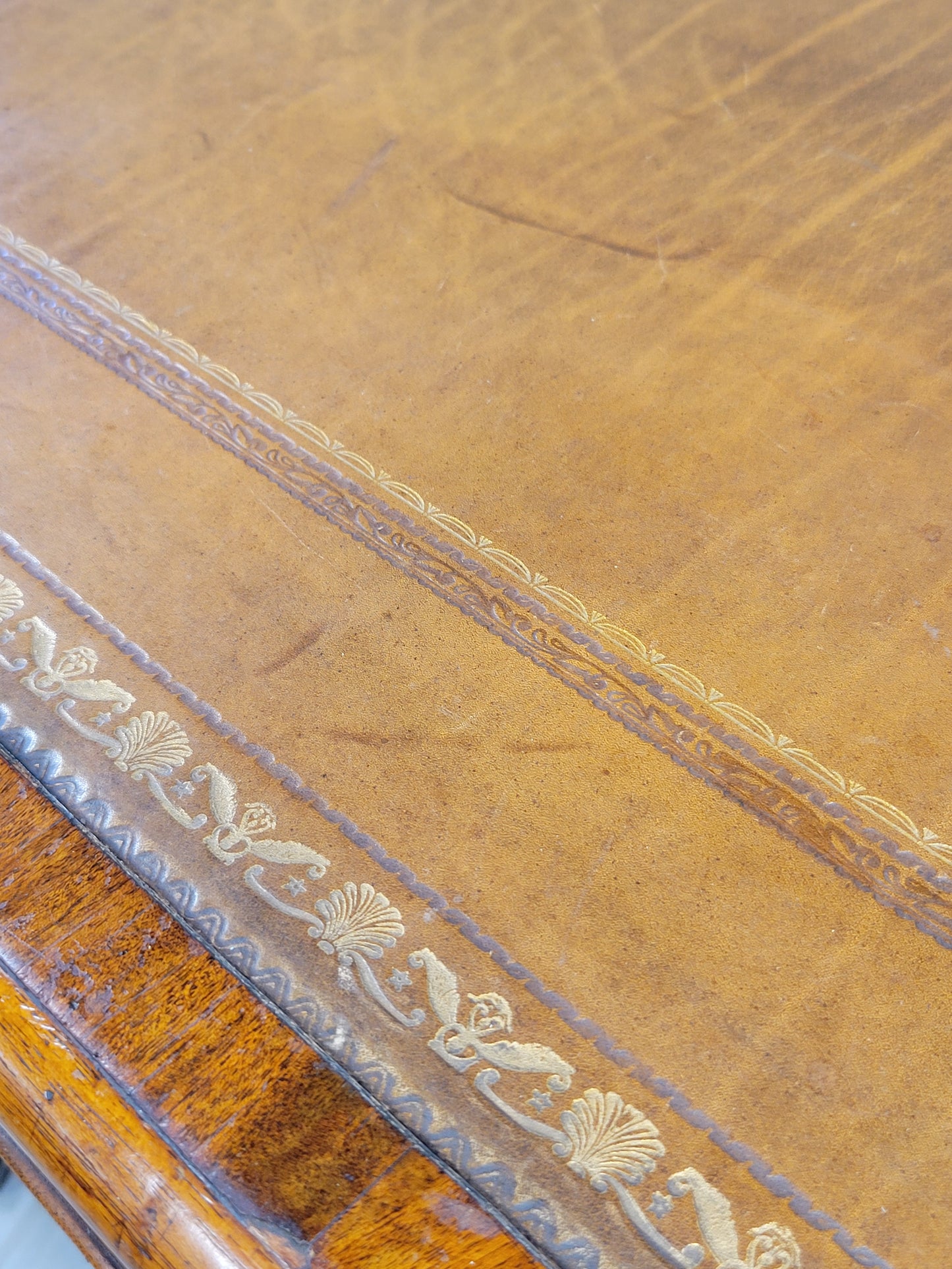 Antique Mid 1800s English Mahogany Partner Desk With Tooled Leather Top