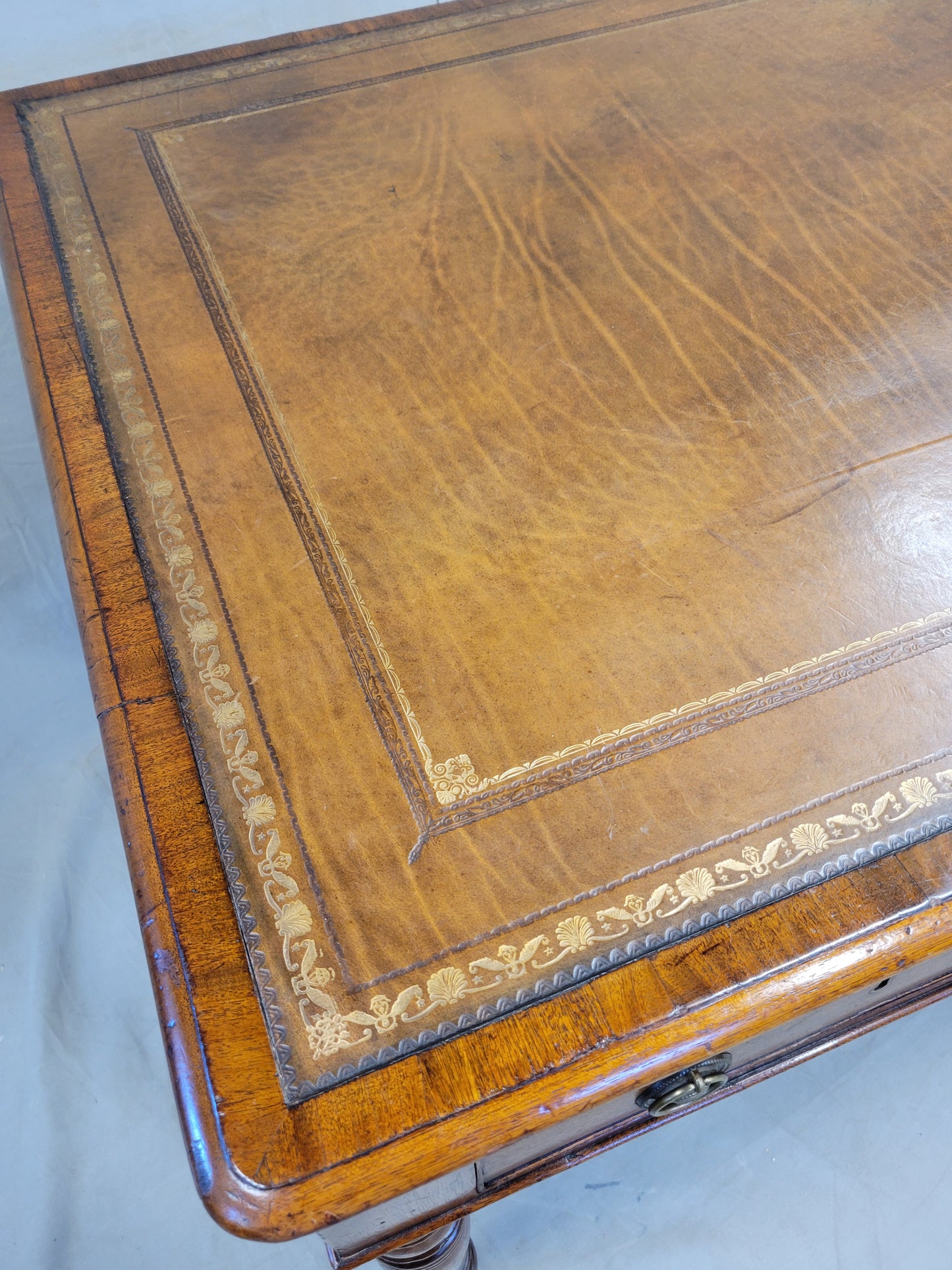 Antique Mid 1800s English Mahogany Partner Desk With Tooled Leather Top
