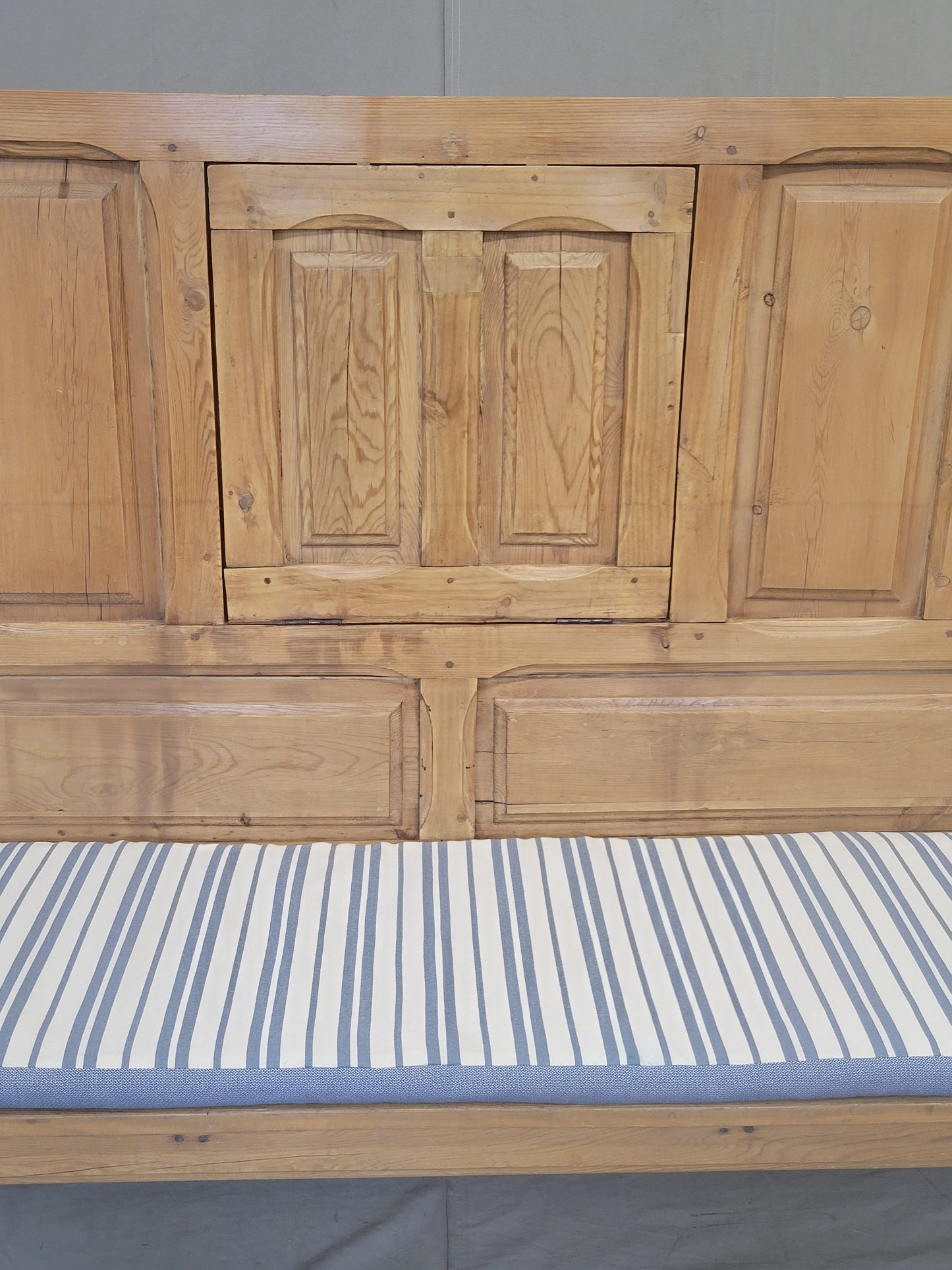 Antique Rustic Pine Long Settle Bench With Blue and White Cushion