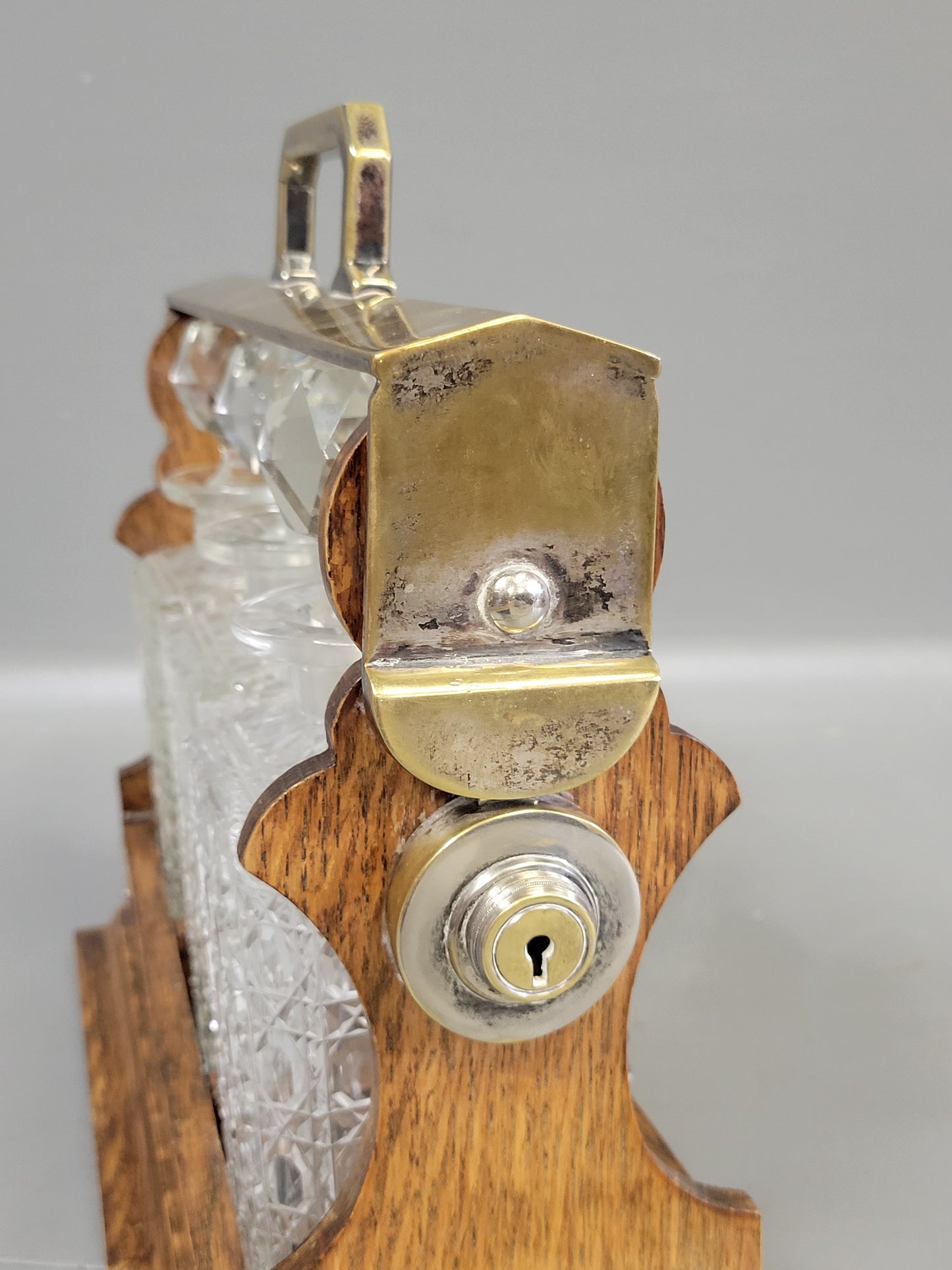 Antique Circa 1900 English Three Bottle Cut Crystal and Oak Tantalus