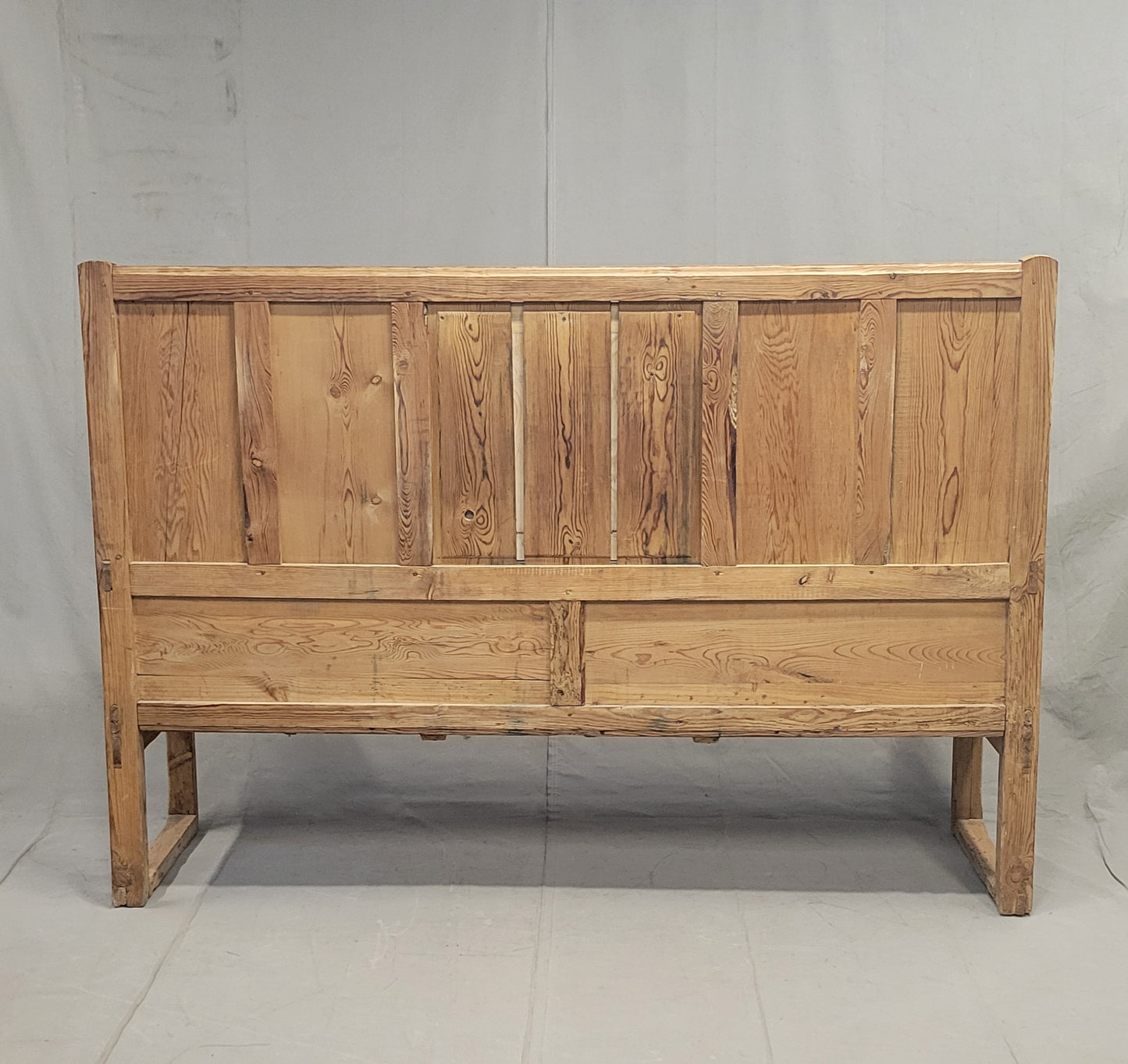 Antique Rustic Pine Long Settle Bench With Blue and White Cushion