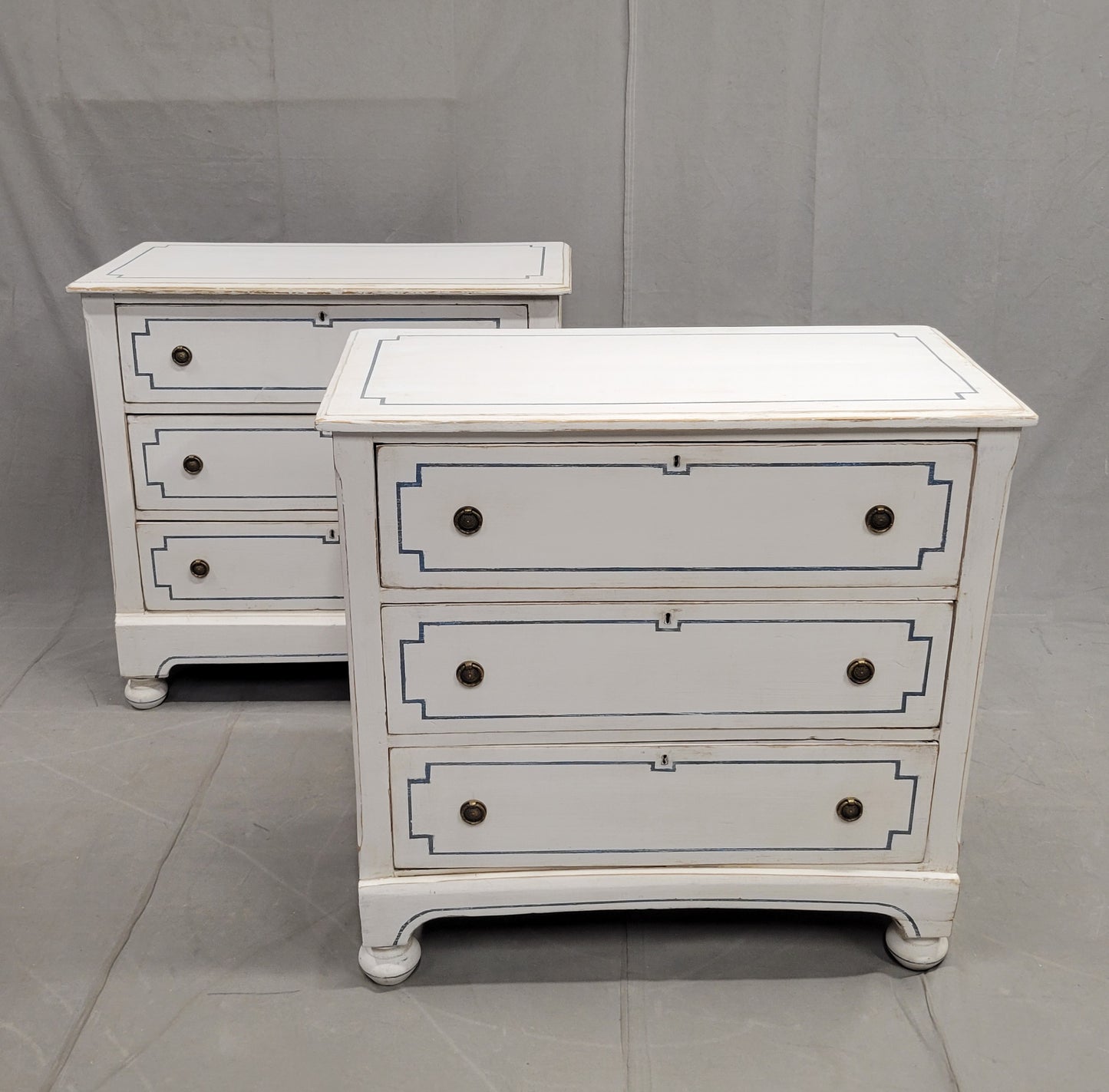 Pair of Antique 19th Century Pine Painted White Dressers With Blue French Line Motif