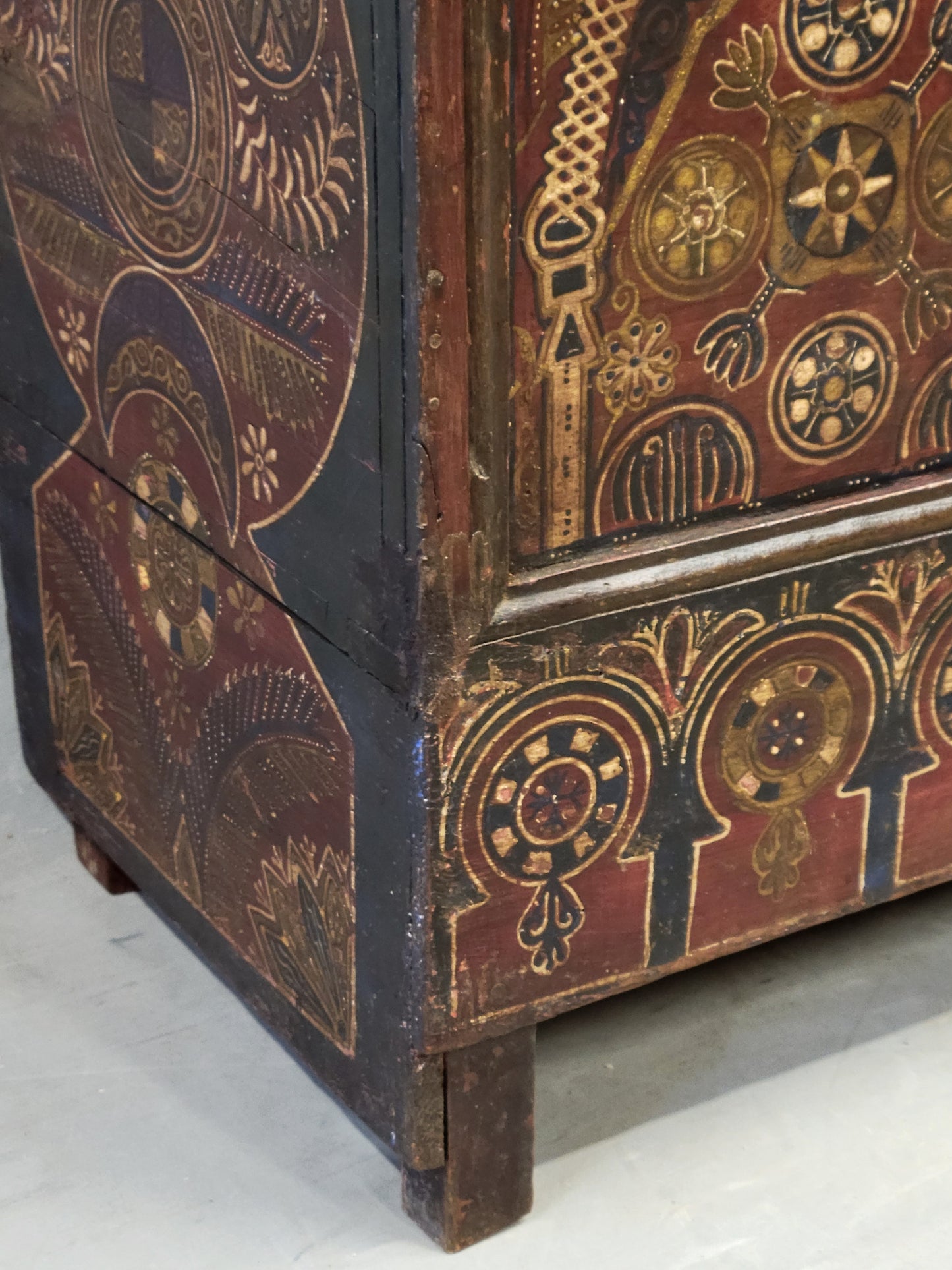 Vintage Berber Moroccan Trunk With Handpainted Arched Designwork, Signed