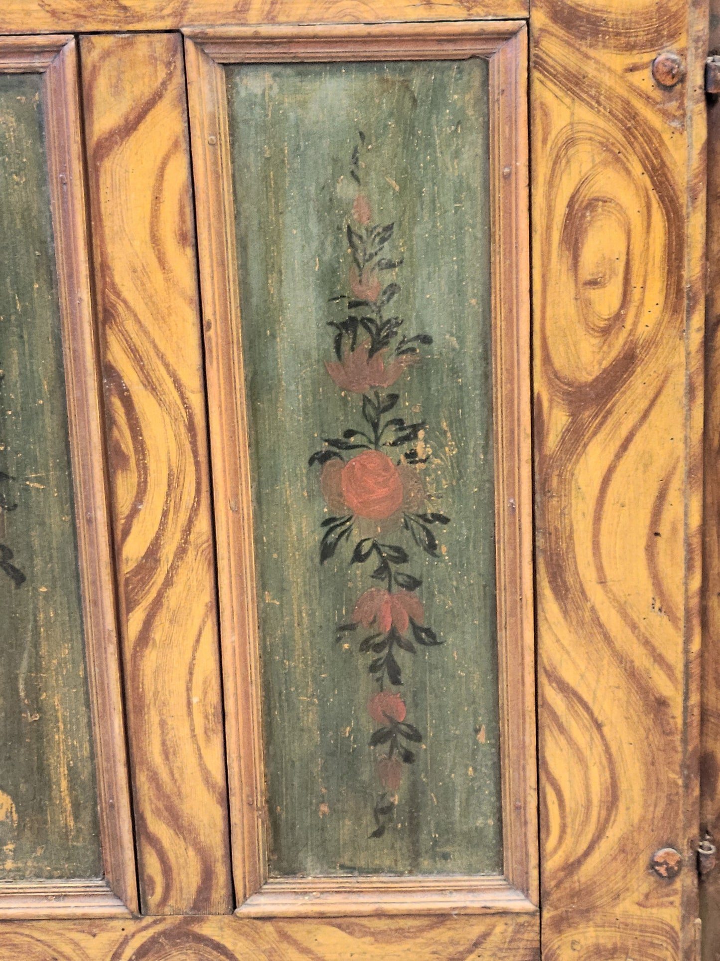Antique 19th Century Austrian Pine Cupboard With Original Faux Bois Paint and Floral Accents