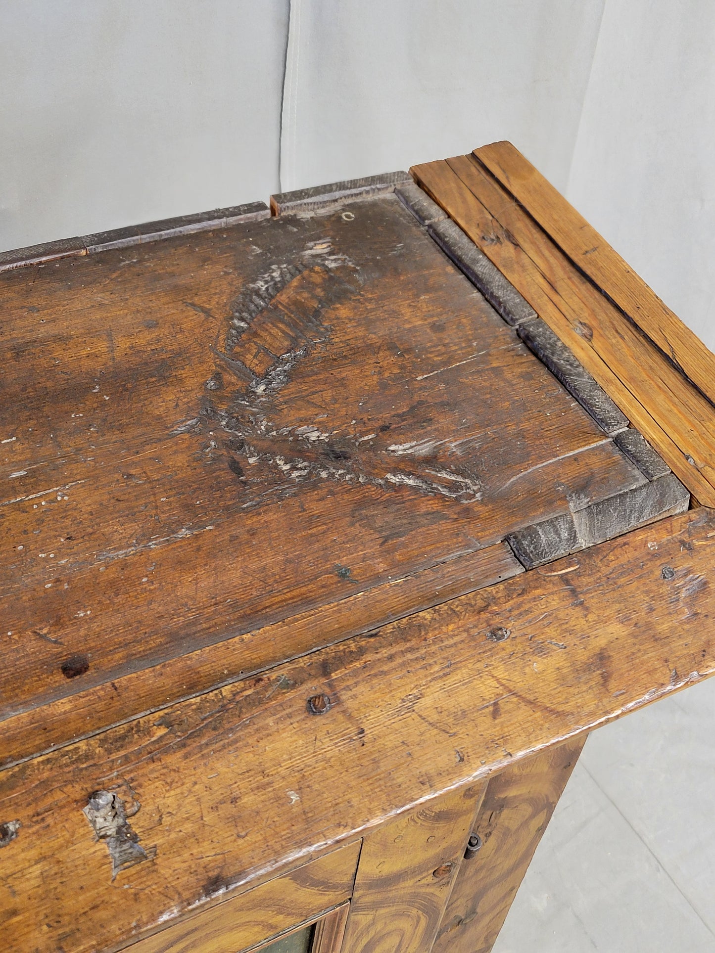 Antique 19th Century Austrian Pine Cupboard With Original Faux Bois Paint and Floral Accents