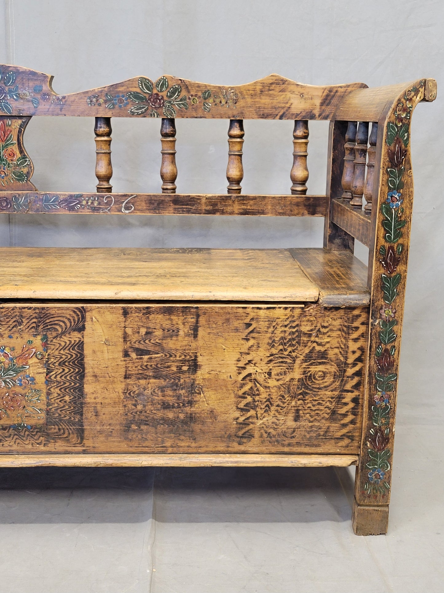 Antique 1926 Pine Eastern European Storage Bench with Original Paint