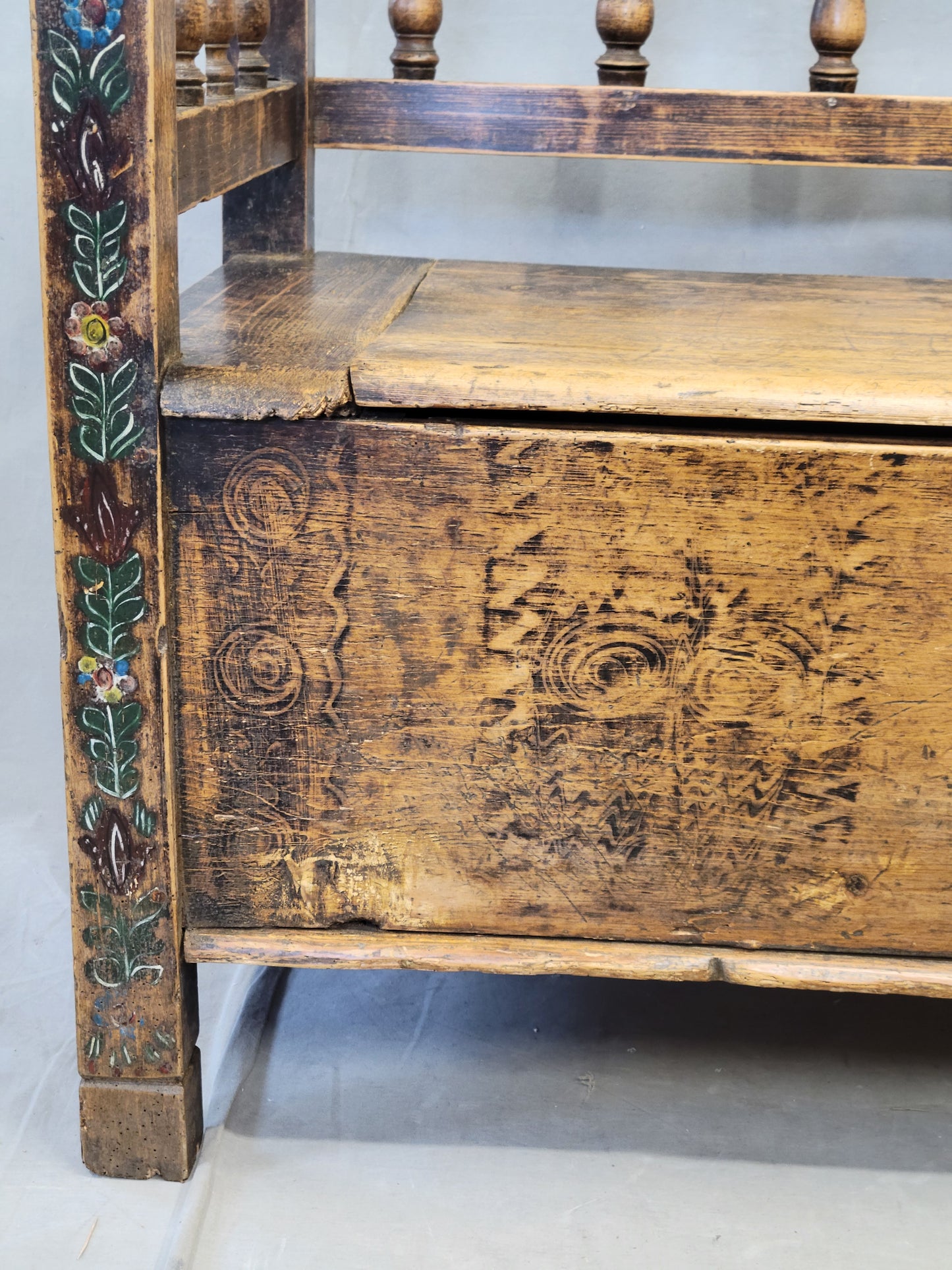 Antique 1926 Pine Eastern European Storage Bench with Original Paint