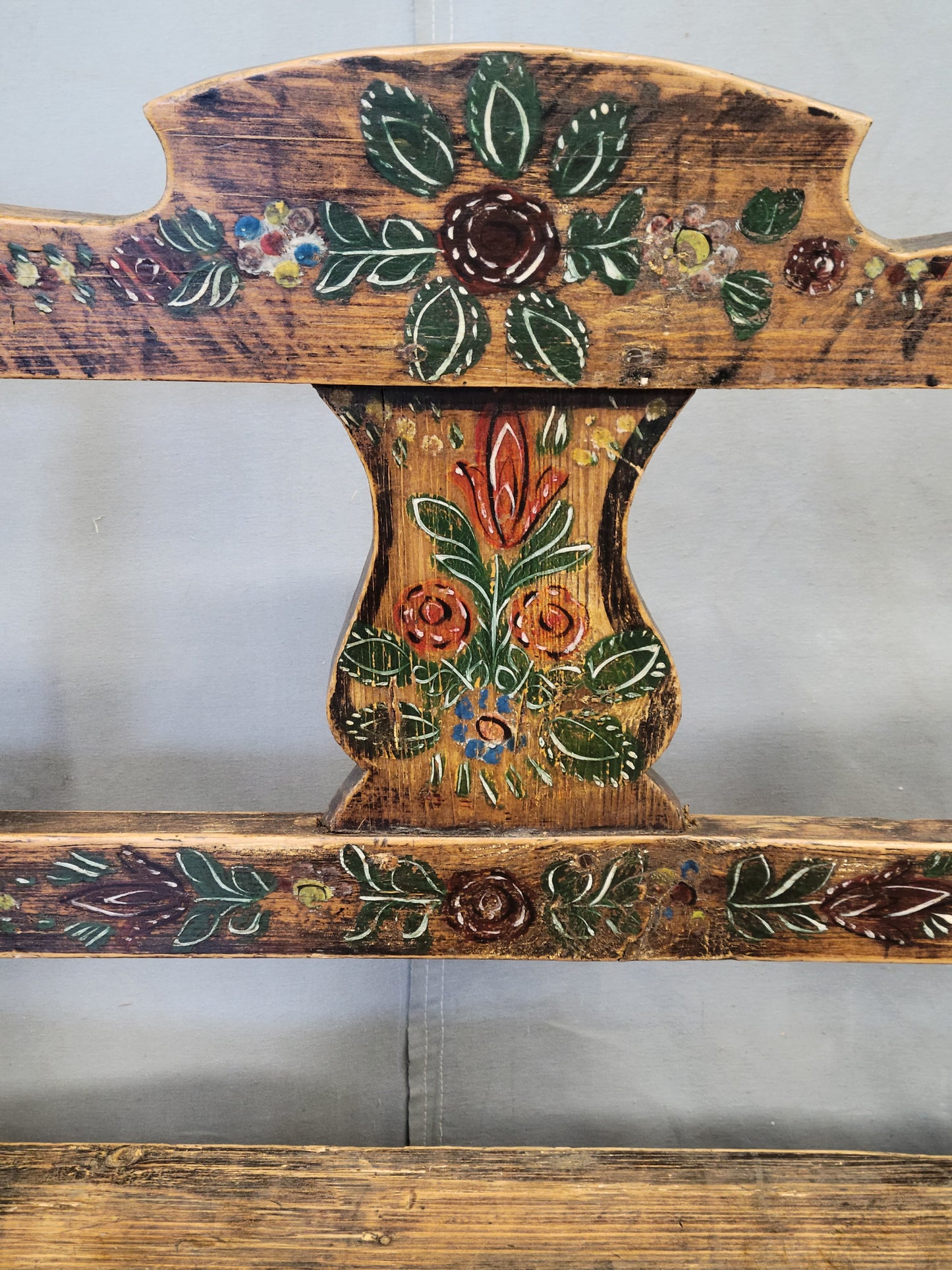 Antique 1926 Pine Eastern European Storage Bench with Original Paint