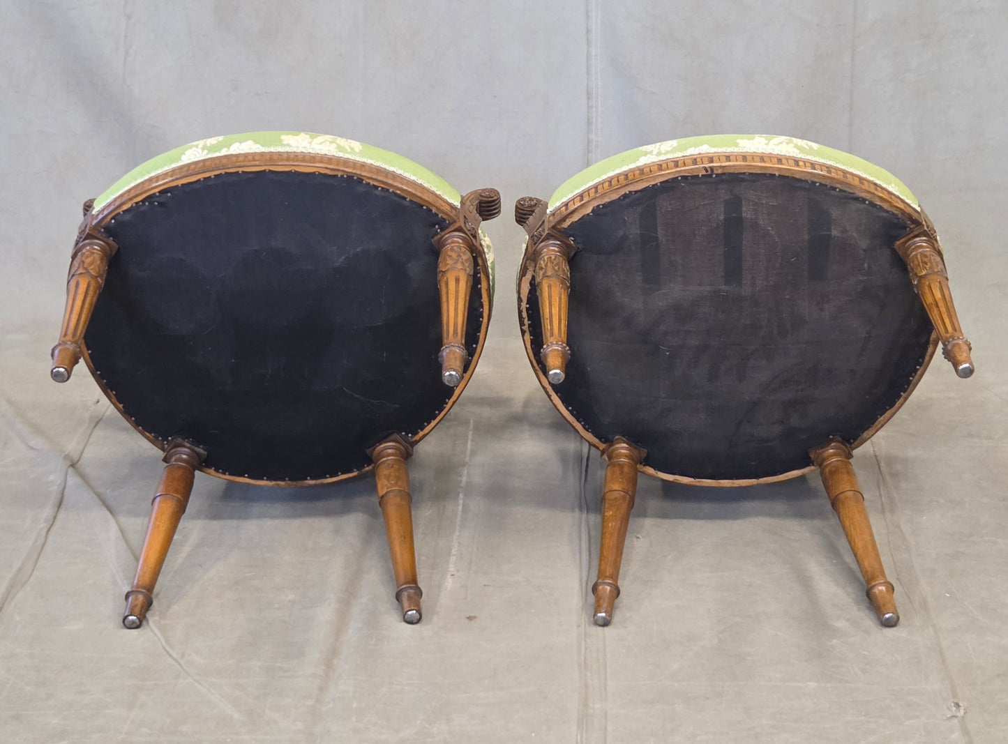 Vintage French Louis XVI Style Armchairs With Green and Cream Upholstery - A Pair