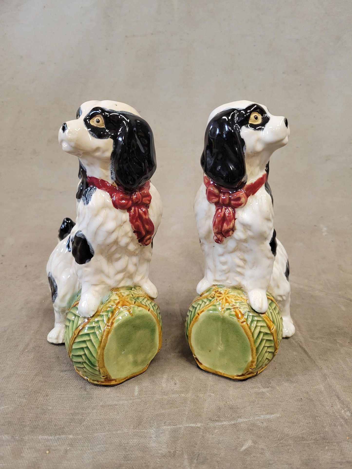 Vintage Majolica Staffordshire Cavalier King Charles Spaniel Bookends - a Pair