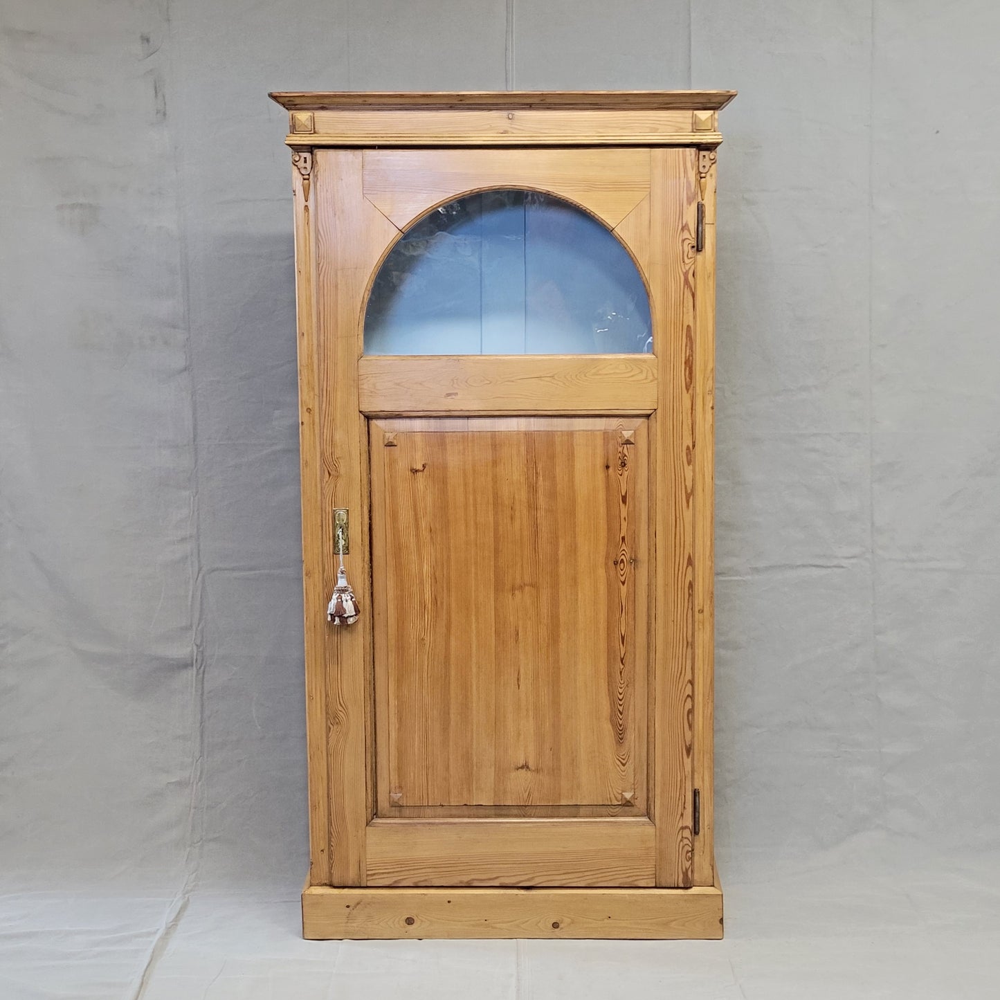 Antique Dutch Pine Single Door Bookcase Cabinet With Glass Inset
