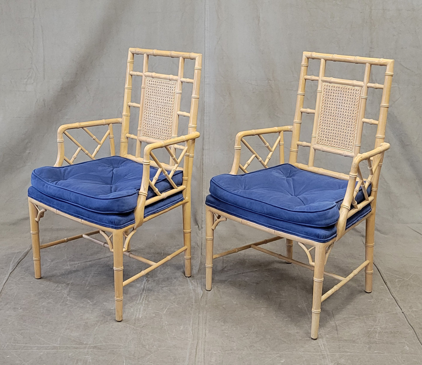 Vintage Faux Bamboo Chairs With Blue Cushions - a Pair