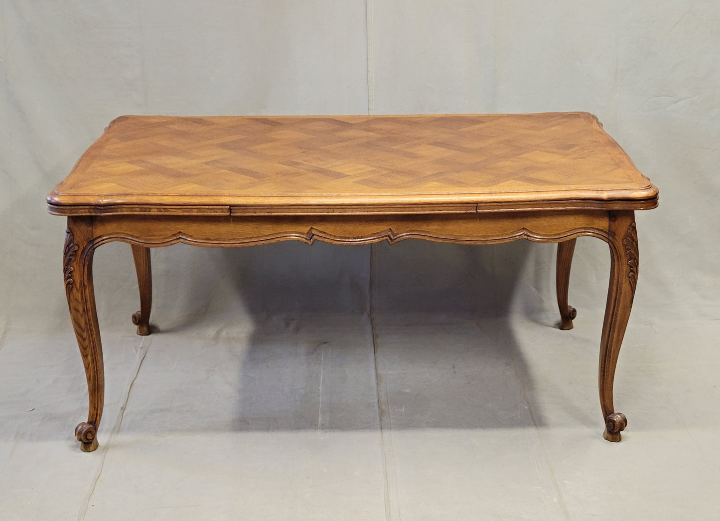 Vintage French Oak Parquet Top Draw Leaf Table