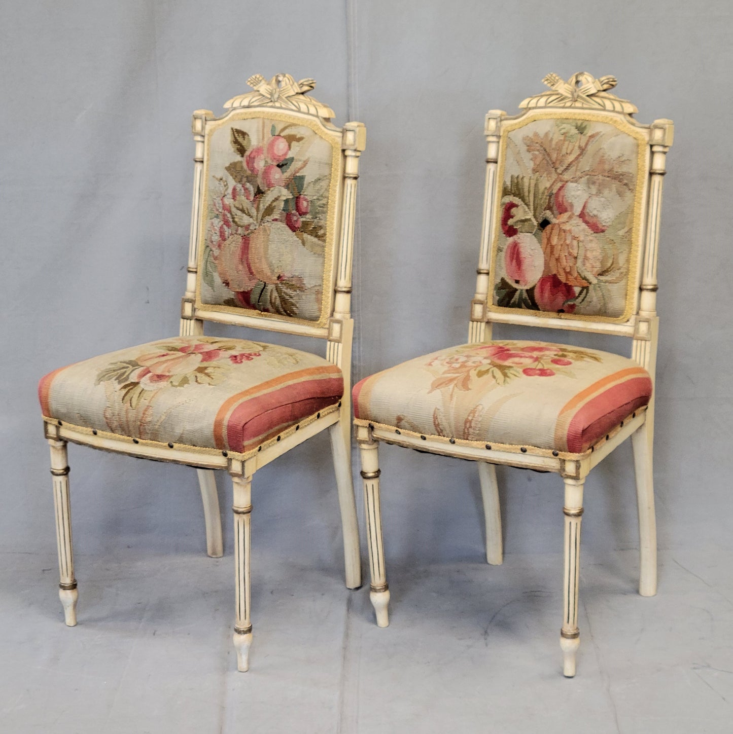 Vintage French Neoclassical Style Chairs With Antique Tapestry Upholstery - a Pair