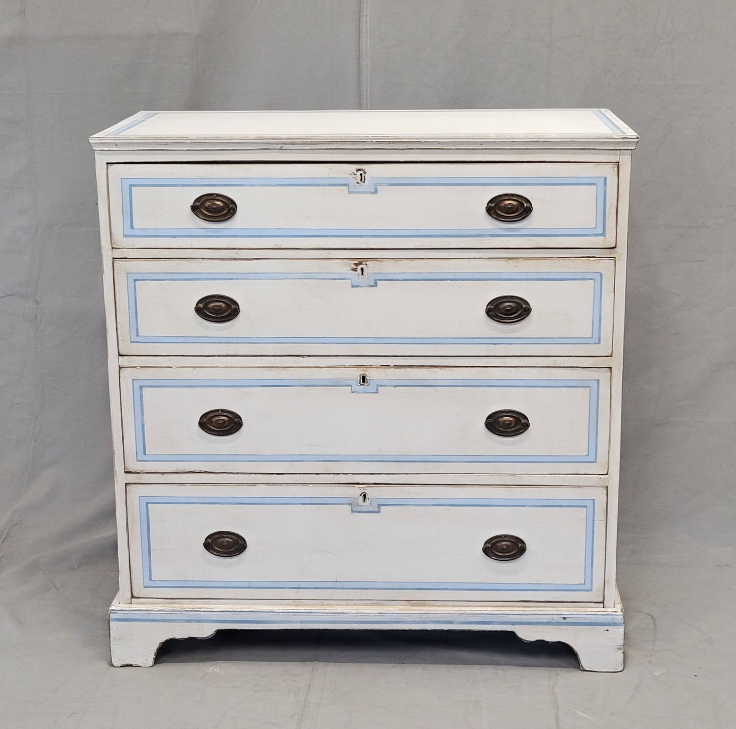 Antique English Walnut Dresser Painted White With Blue French Line Motif